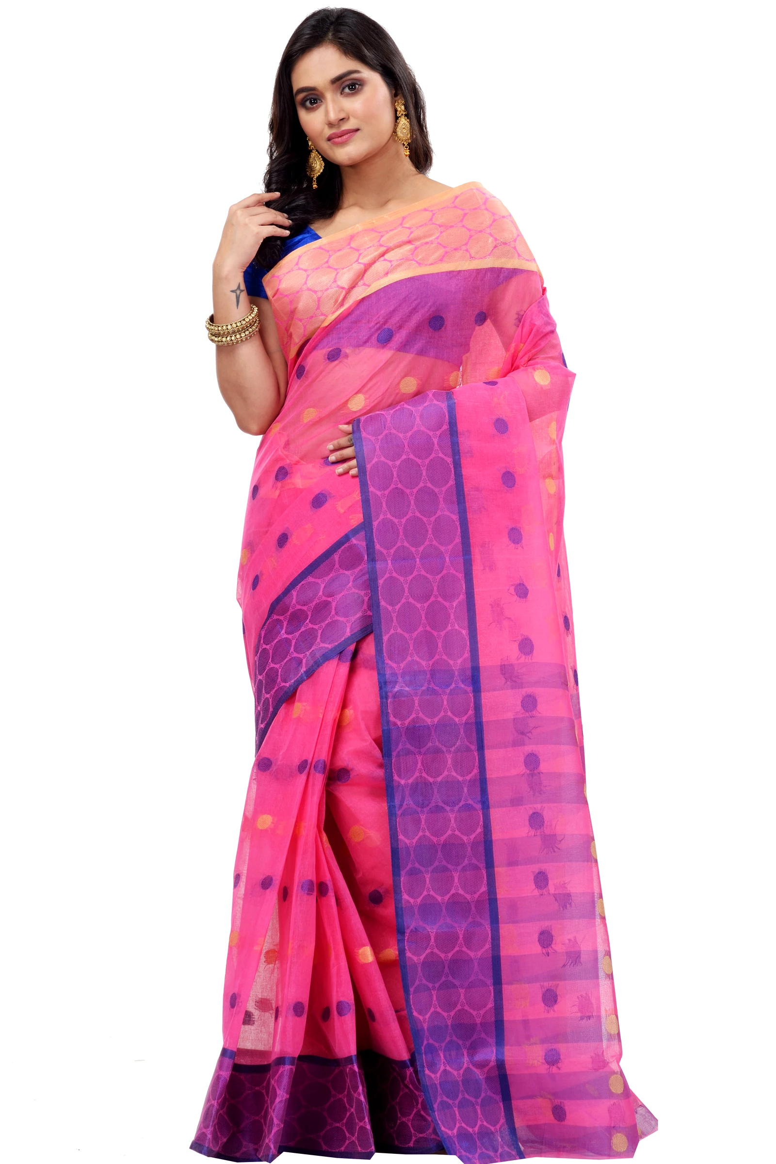Pink Pure Cotton Ganga Jamuna Tant Saree (371)