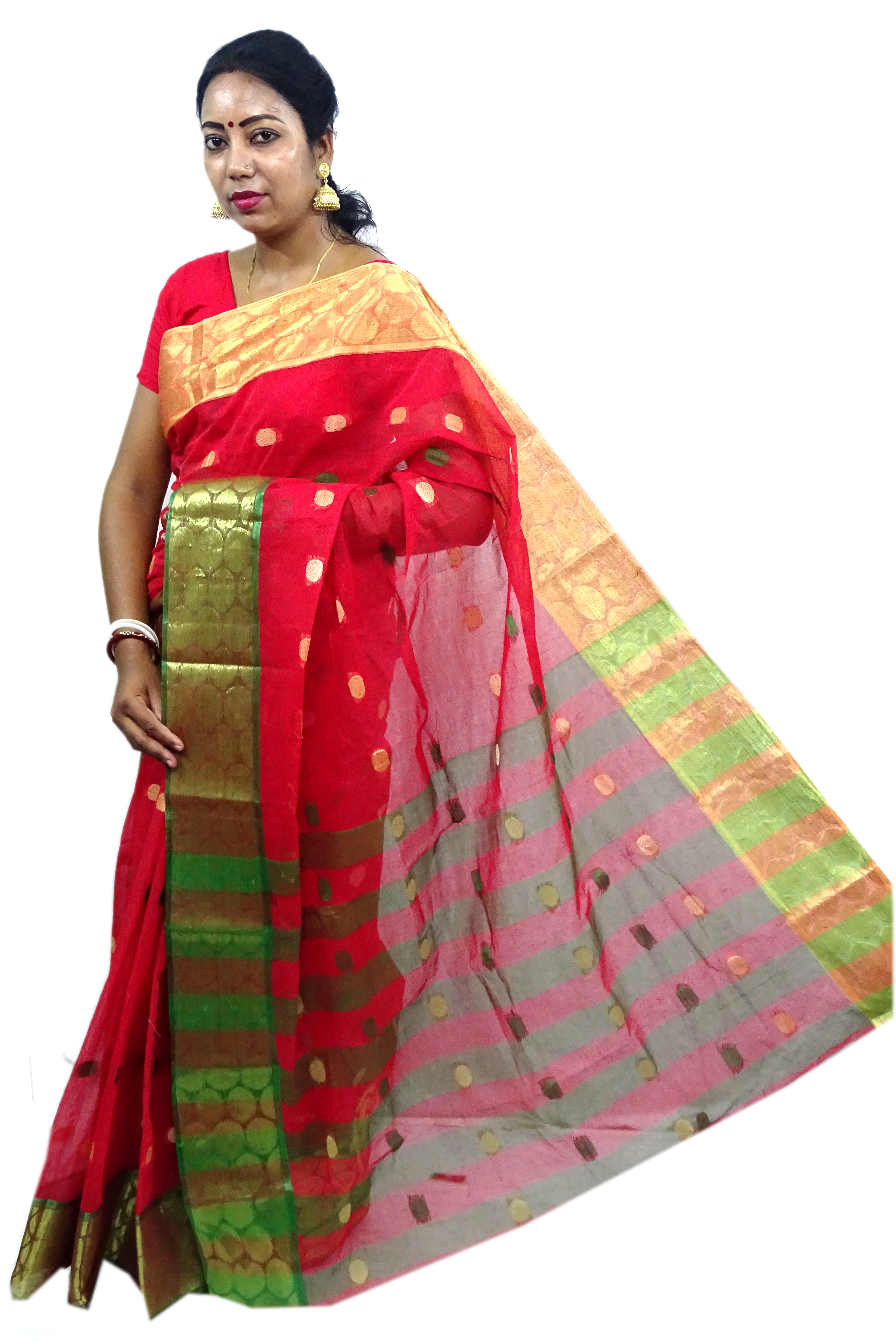 Red Pure Cotton Ganga Jamuna Tant Saree (372)