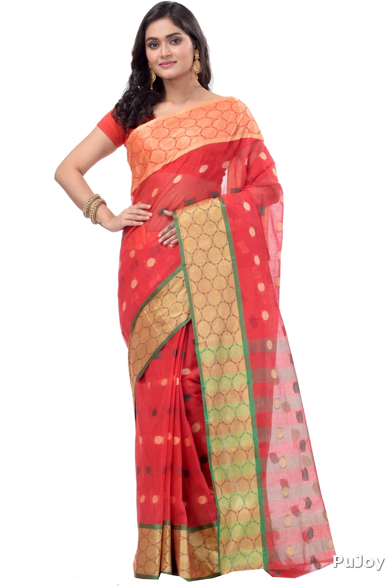 Red Pure Cotton Ganga Jamuna Tant Saree (372)
