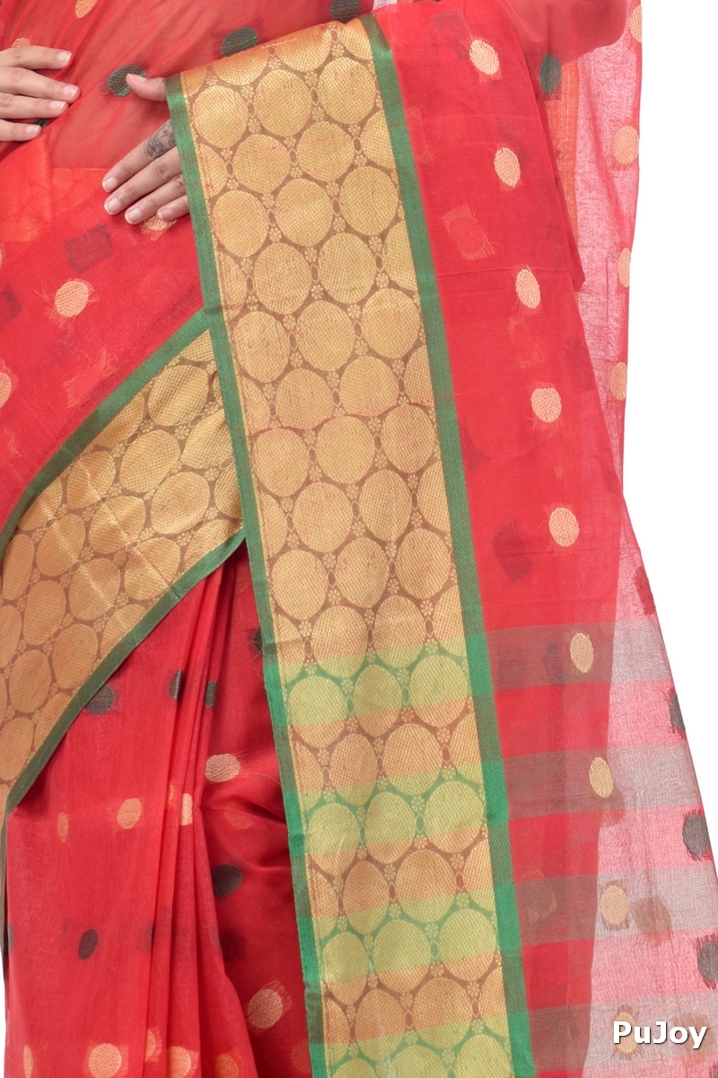 Red Pure Cotton Ganga Jamuna Tant Saree (372)