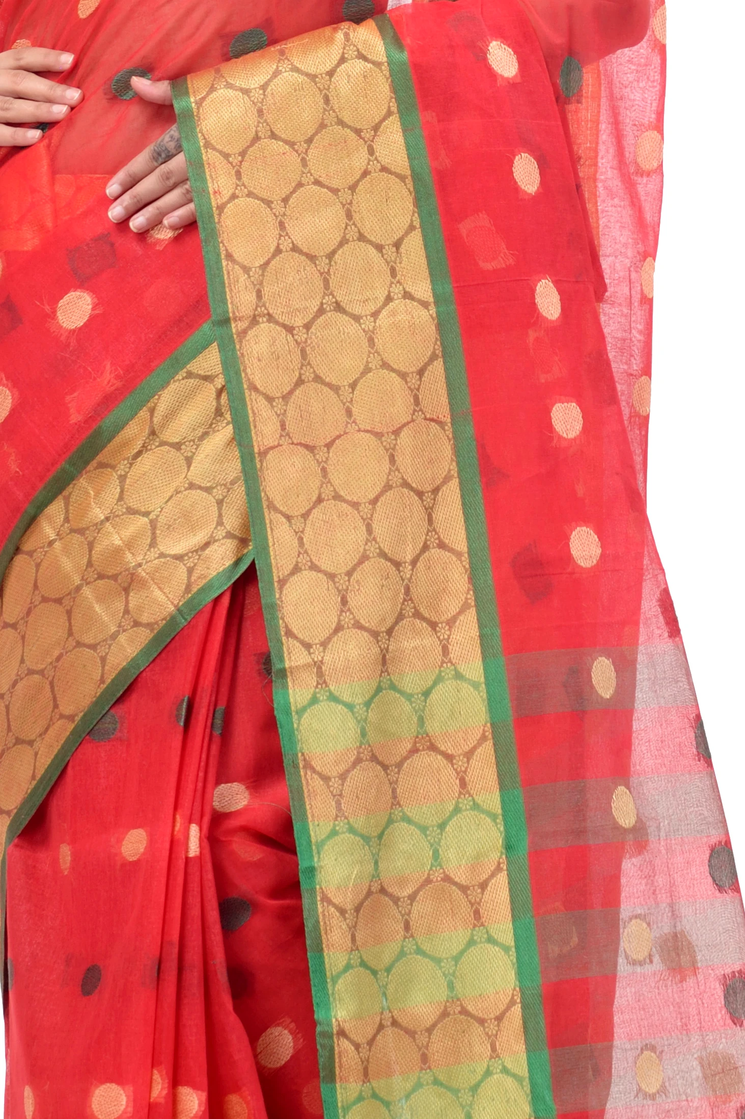 Red Pure Cotton Ganga Jamuna Tant Saree (372)