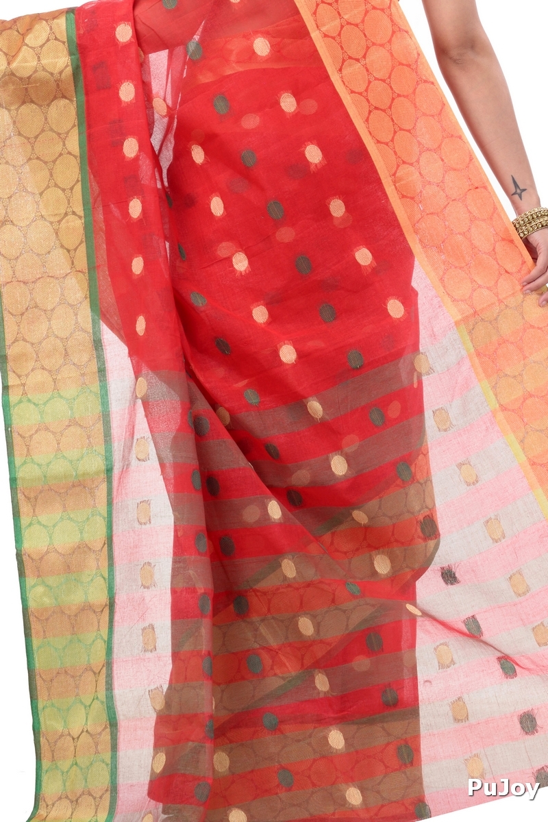 Red Pure Cotton Ganga Jamuna Tant Saree (372)