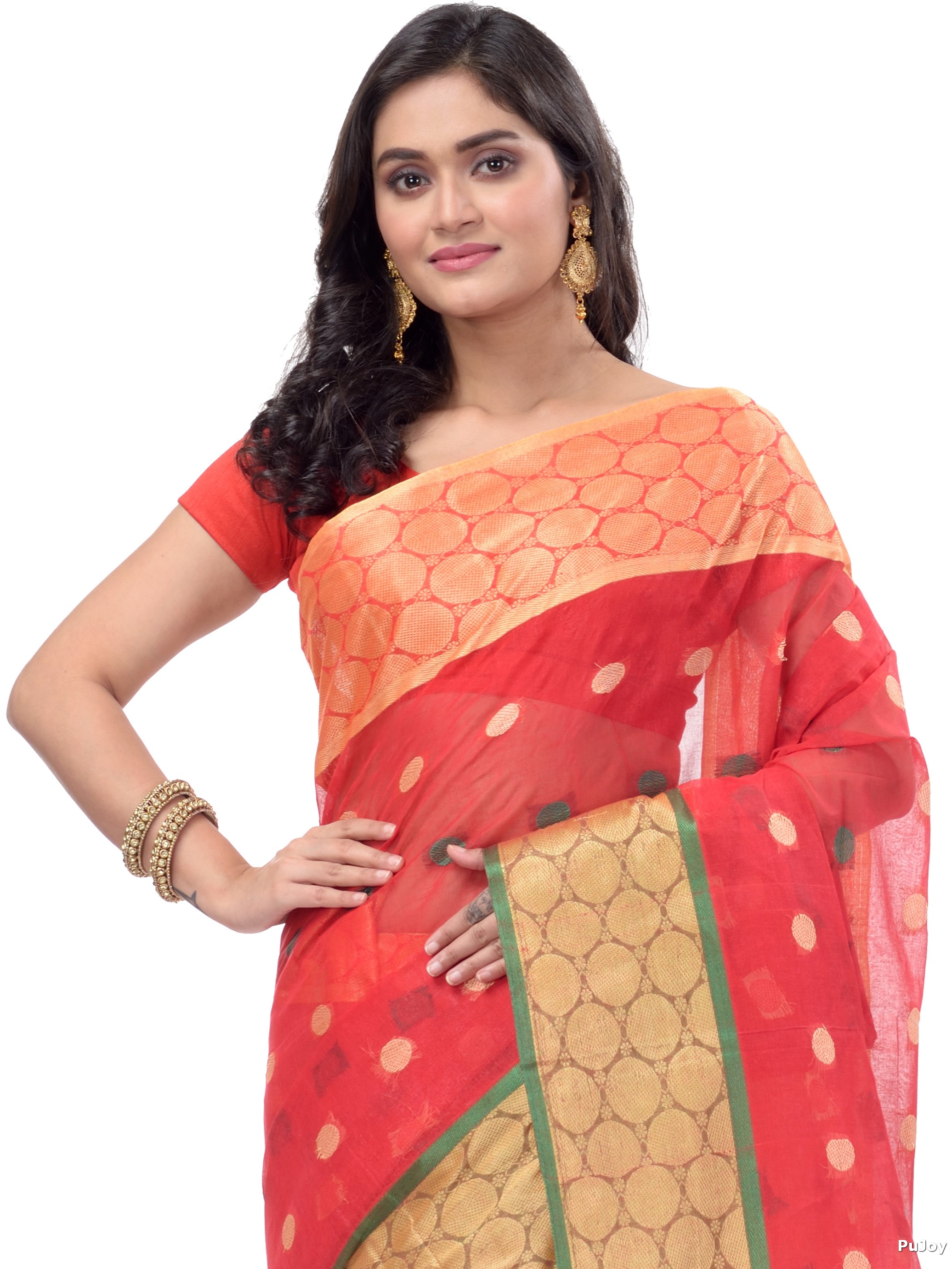 Red Pure Cotton Ganga Jamuna Tant Saree (372)