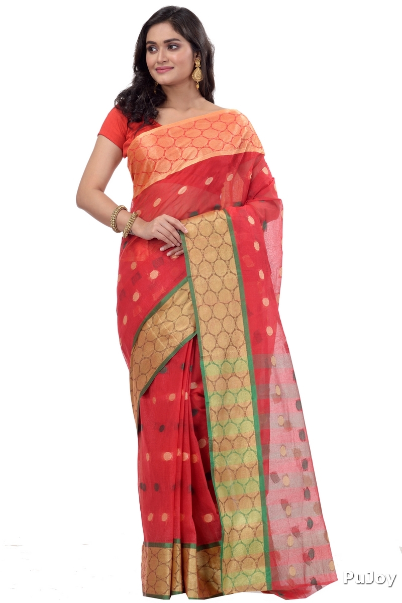Red Pure Cotton Ganga Jamuna Tant Saree (372)