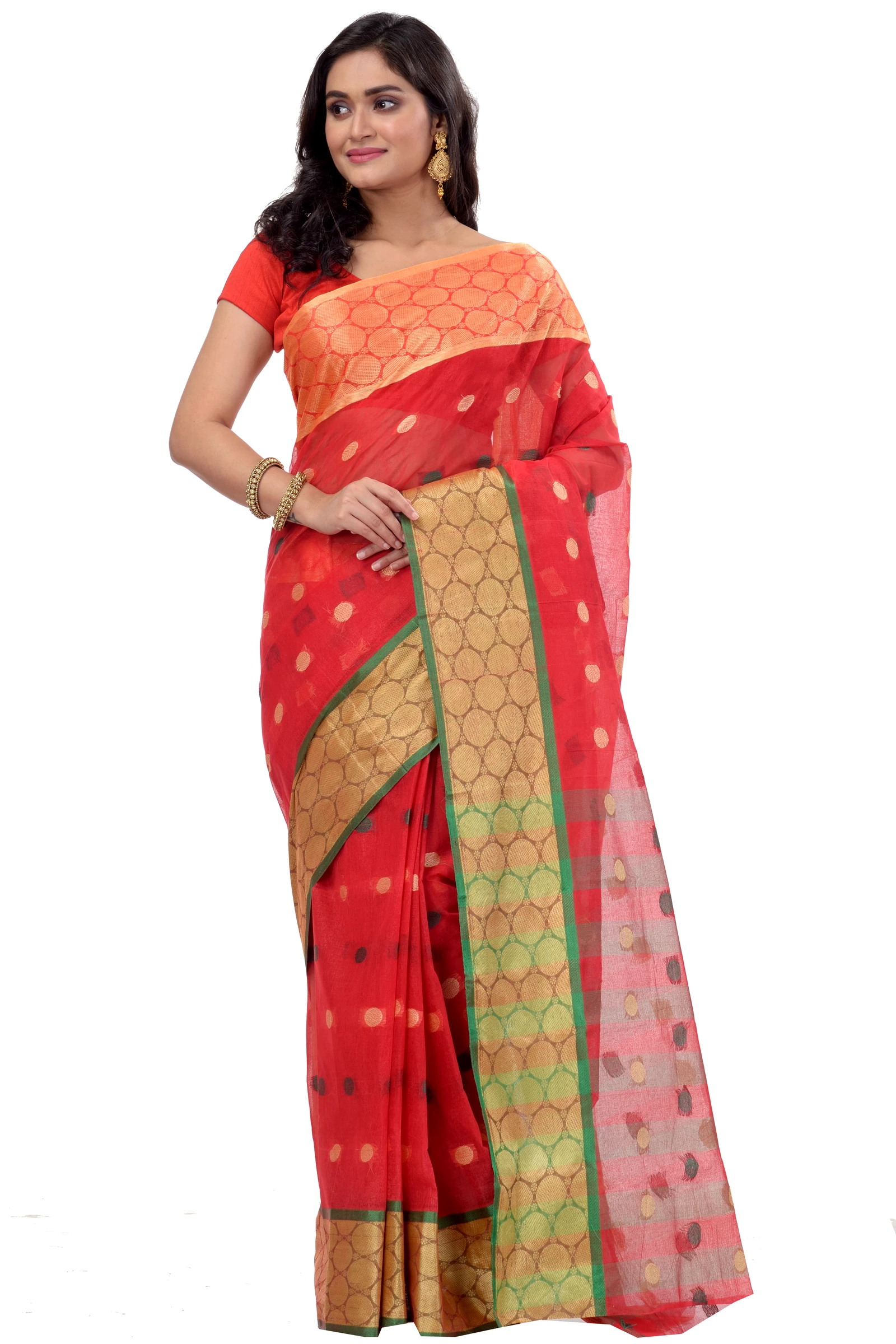 Red Pure Cotton Ganga Jamuna Tant Saree (372)