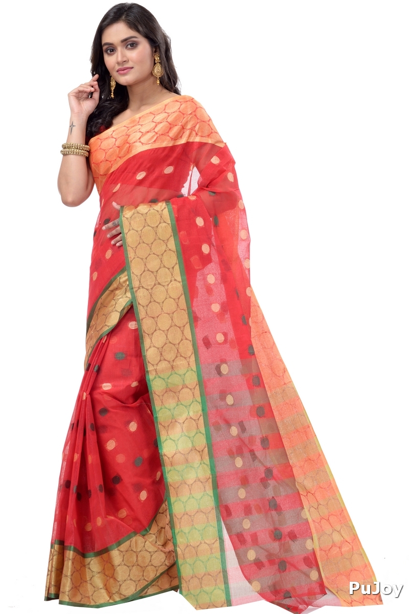 Red Pure Cotton Ganga Jamuna Tant Saree (372)