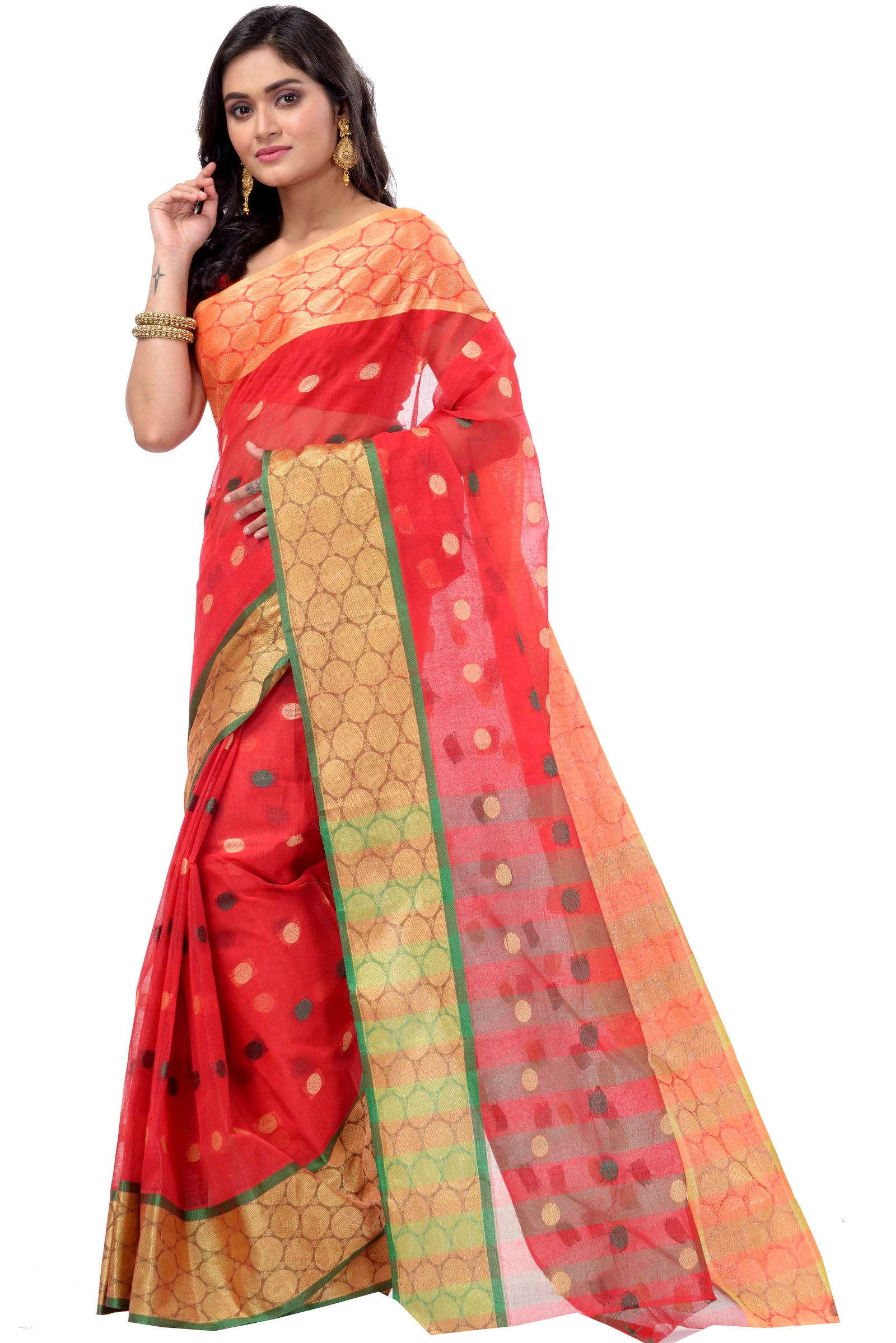 Red Pure Cotton Ganga Jamuna Tant Saree (372)