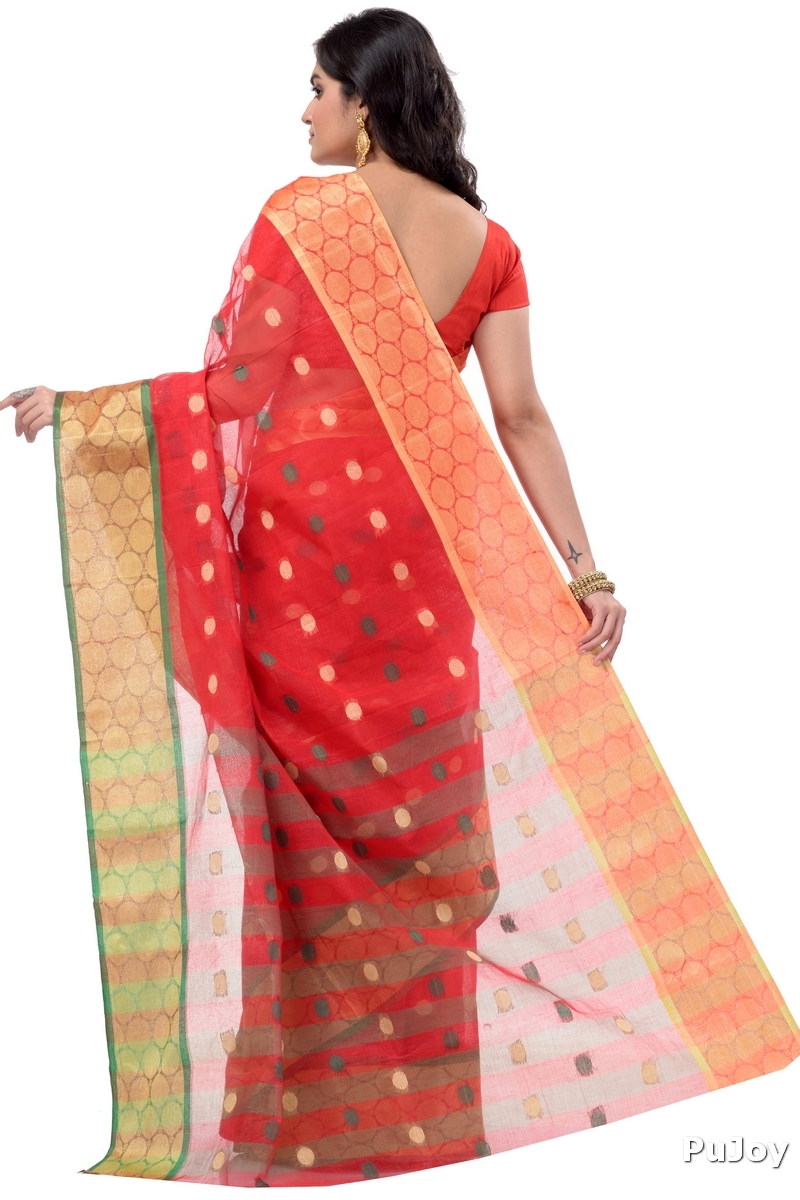 Red Pure Cotton Ganga Jamuna Tant Saree (372)