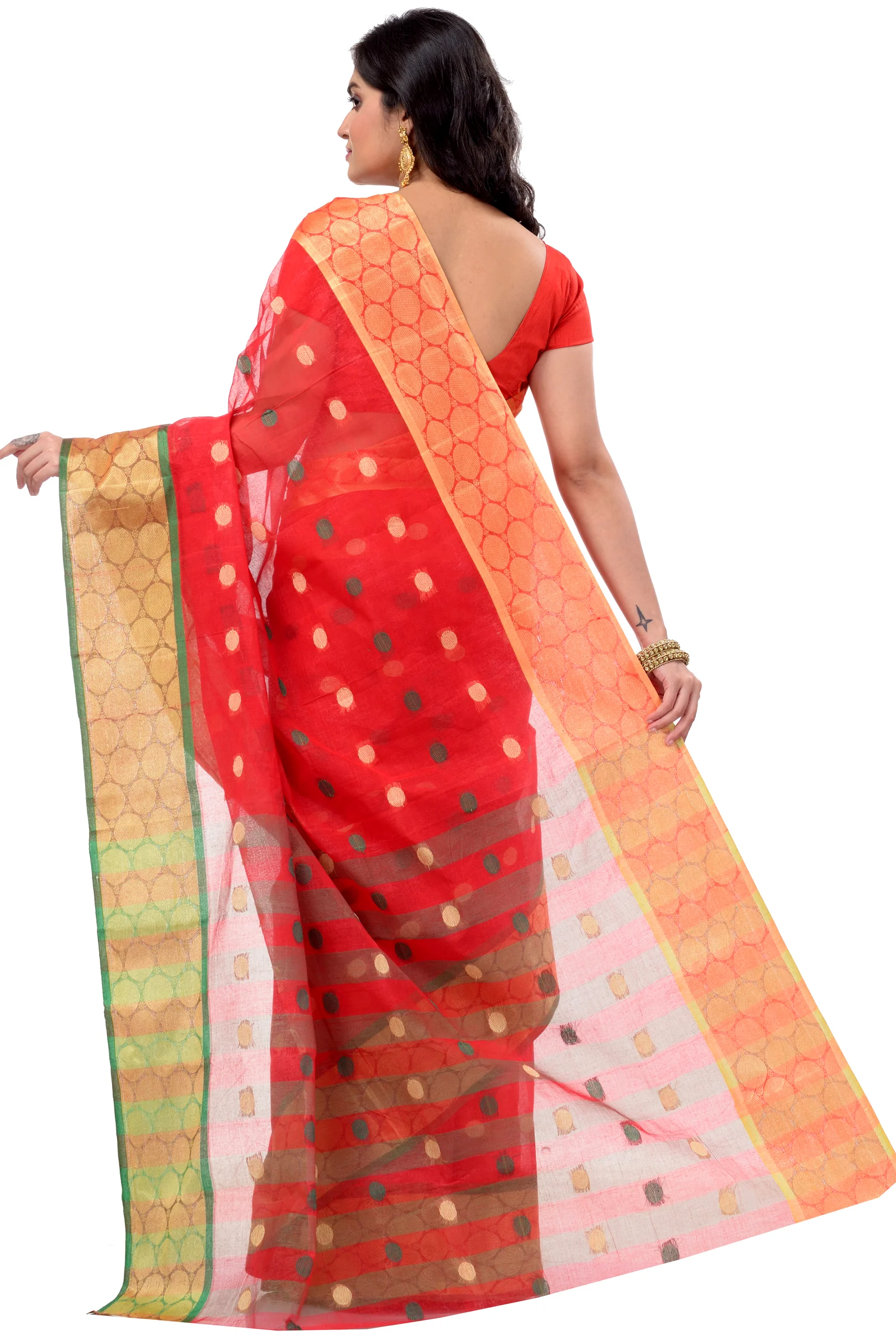 Red Pure Cotton Ganga Jamuna Tant Saree (372)