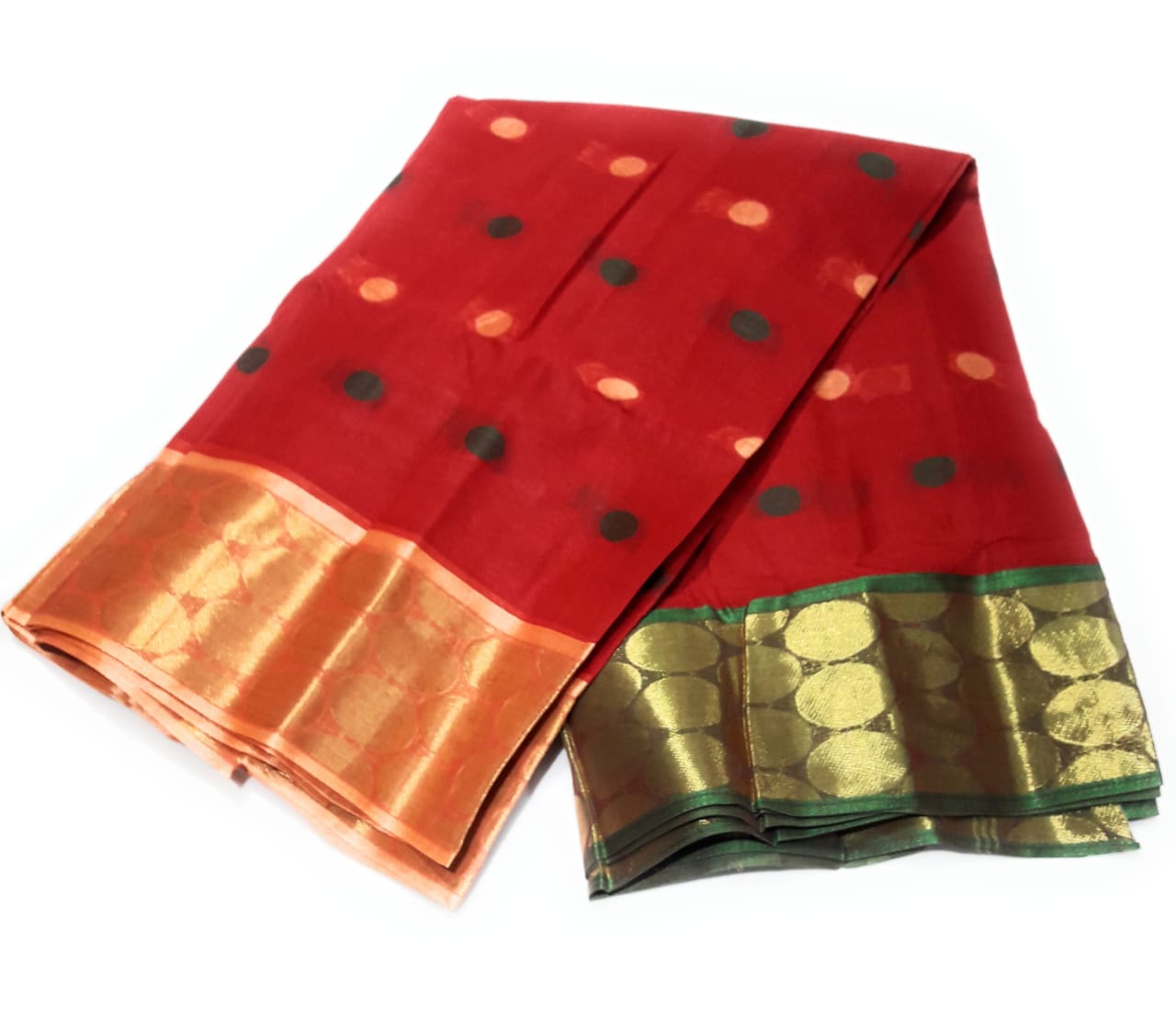 Red Pure Cotton Ganga Jamuna Tant Saree (372)