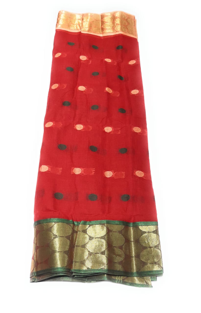 Red Pure Cotton Ganga Jamuna Tant Saree (372)