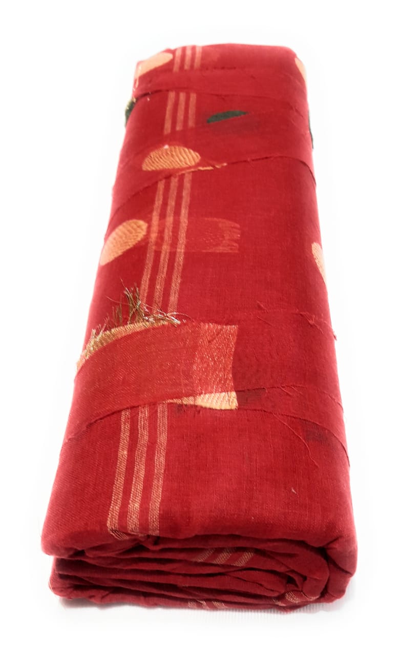 Red Pure Cotton Ganga Jamuna Tant Saree (372)