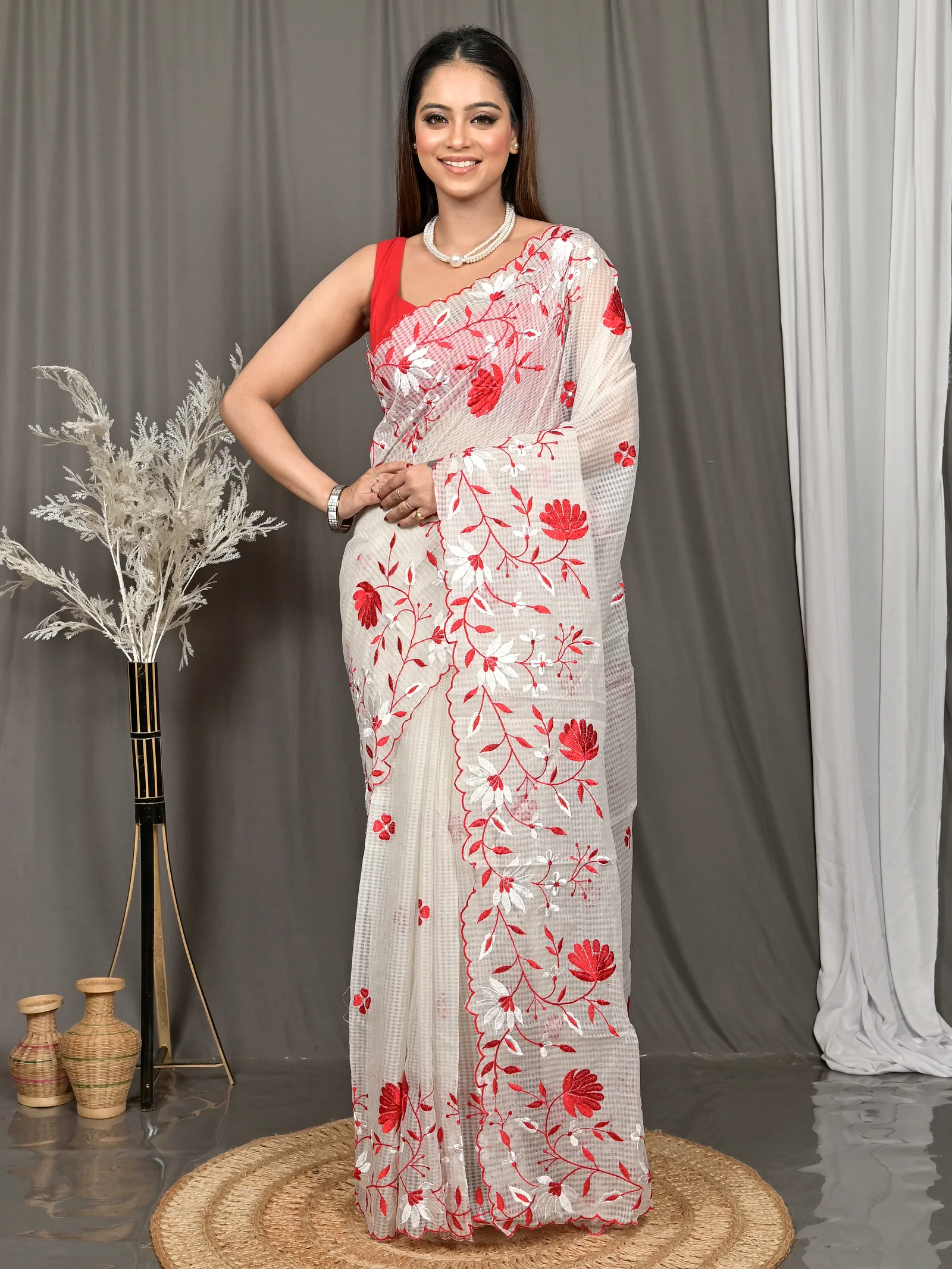 White Cotton Kotambo Mix Kota Embroidery Saree  (38)