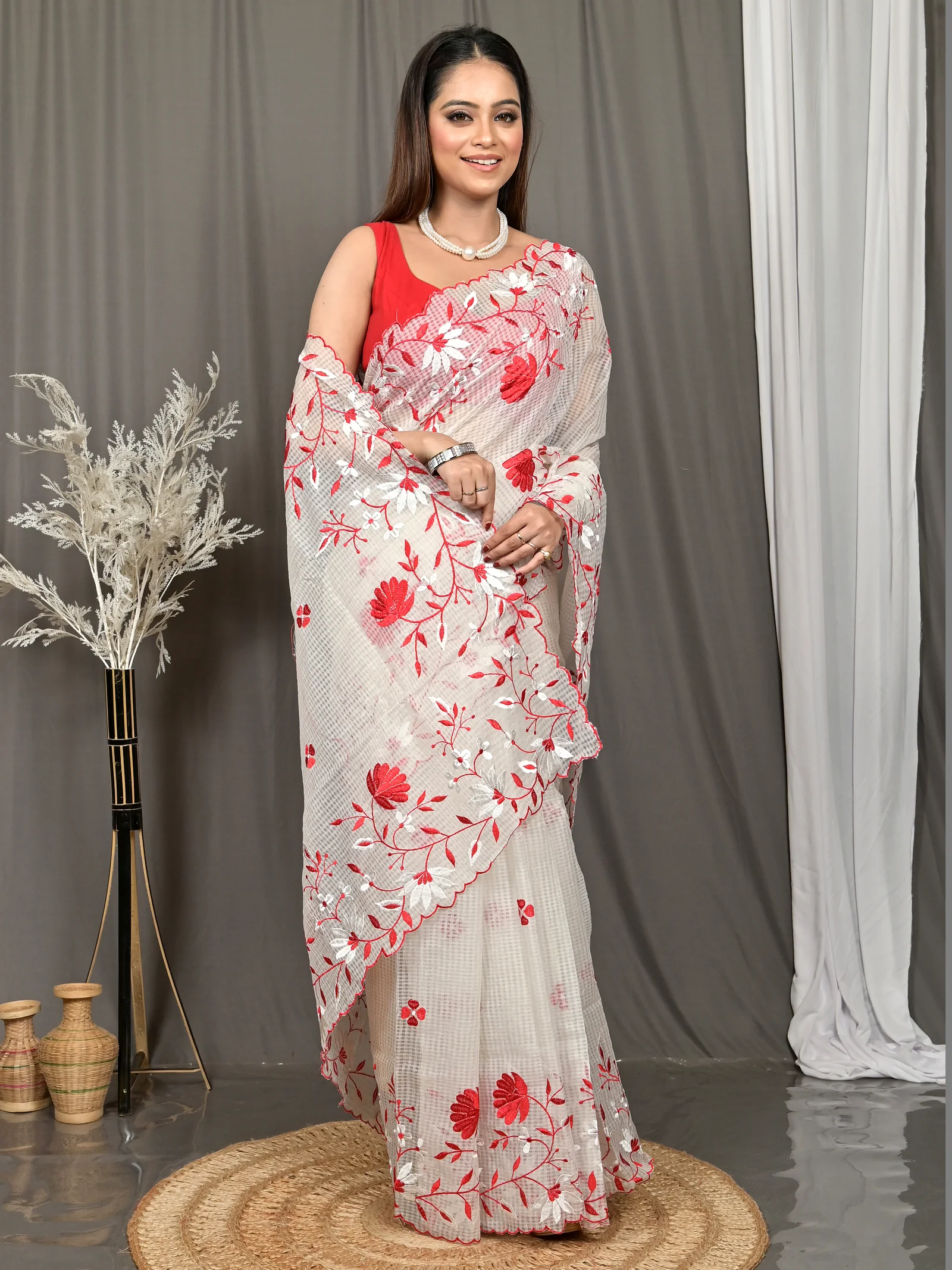 White Cotton Kotambo Mix Kota Embroidery Saree  (38)