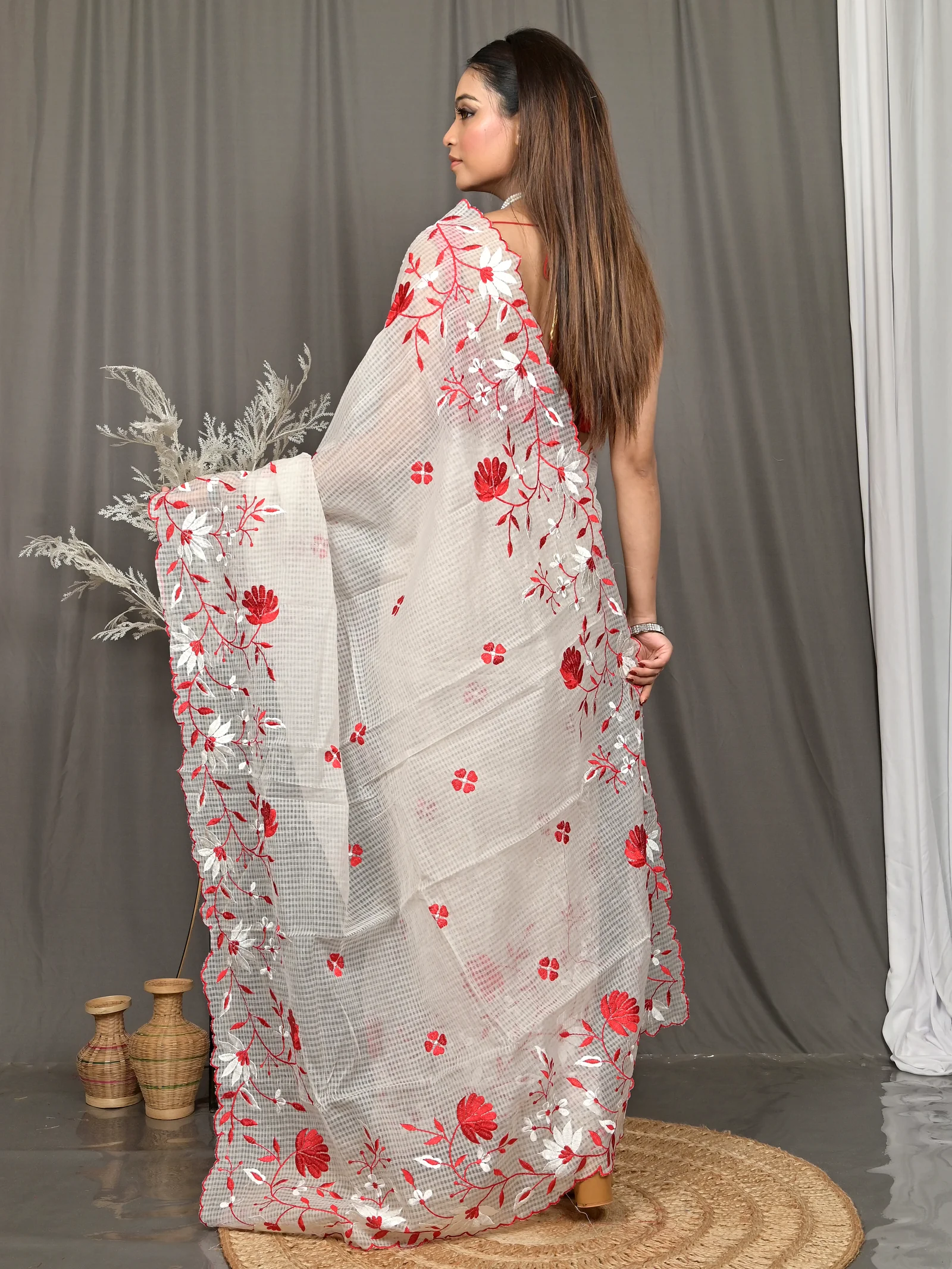 White Cotton Kotambo Mix Kota Embroidery Saree  (38)