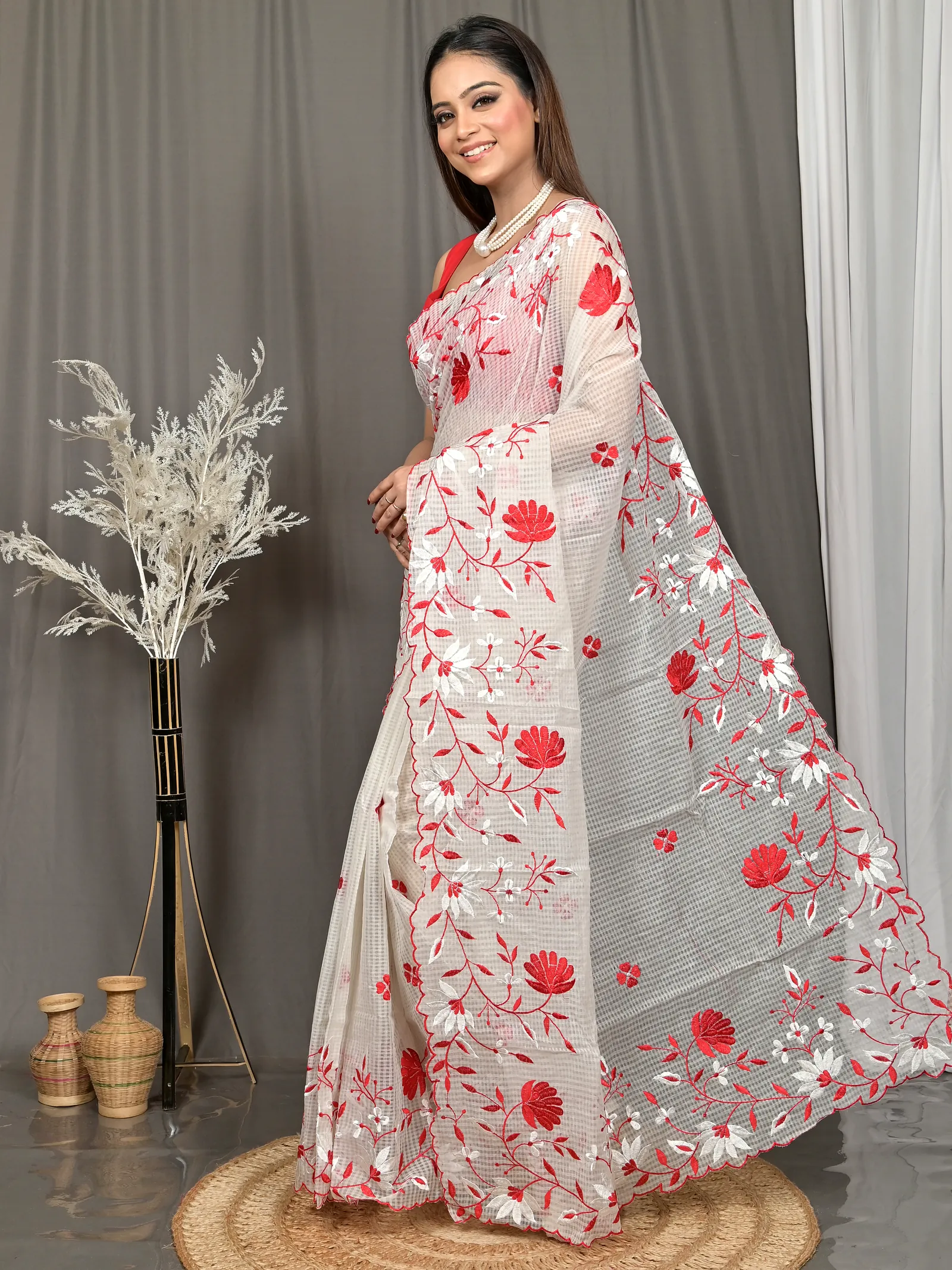 White Cotton Kotambo Mix Kota Embroidery Saree  (38)