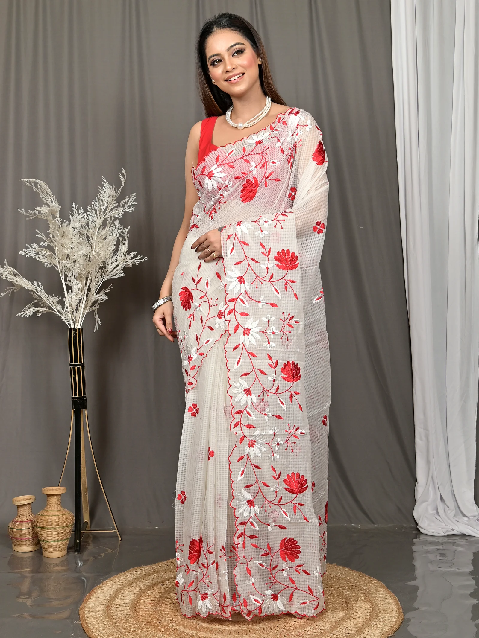 White Cotton Kotambo Mix Kota Embroidery Saree  (38)