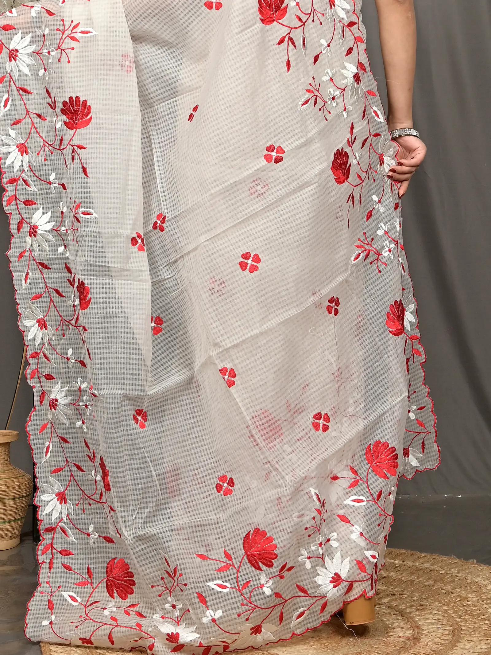 White Cotton Kotambo Mix Kota Embroidery Saree  (38)
