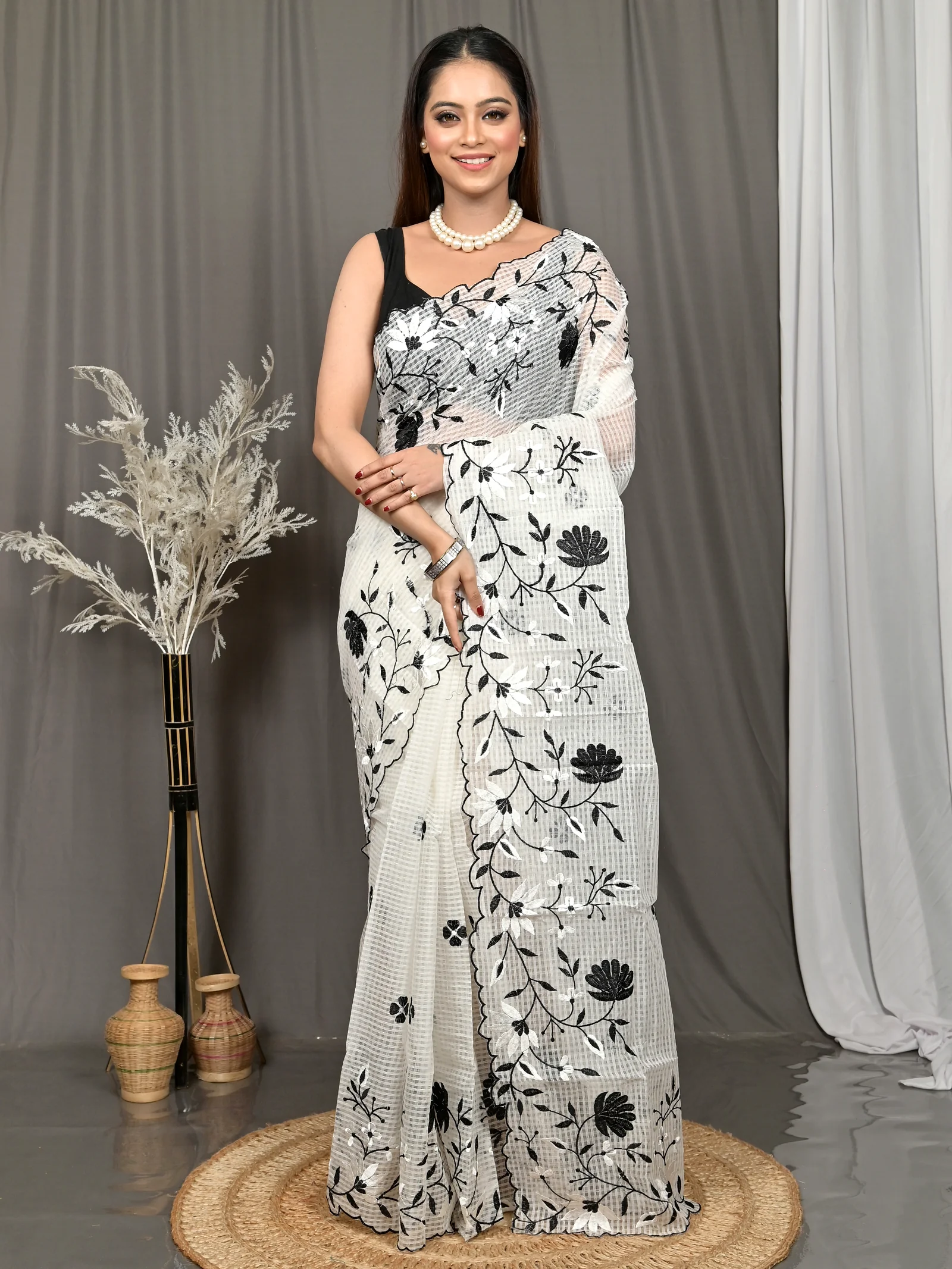 White Cotton Kotambo Mix Kota Embroidery Saree  (39)