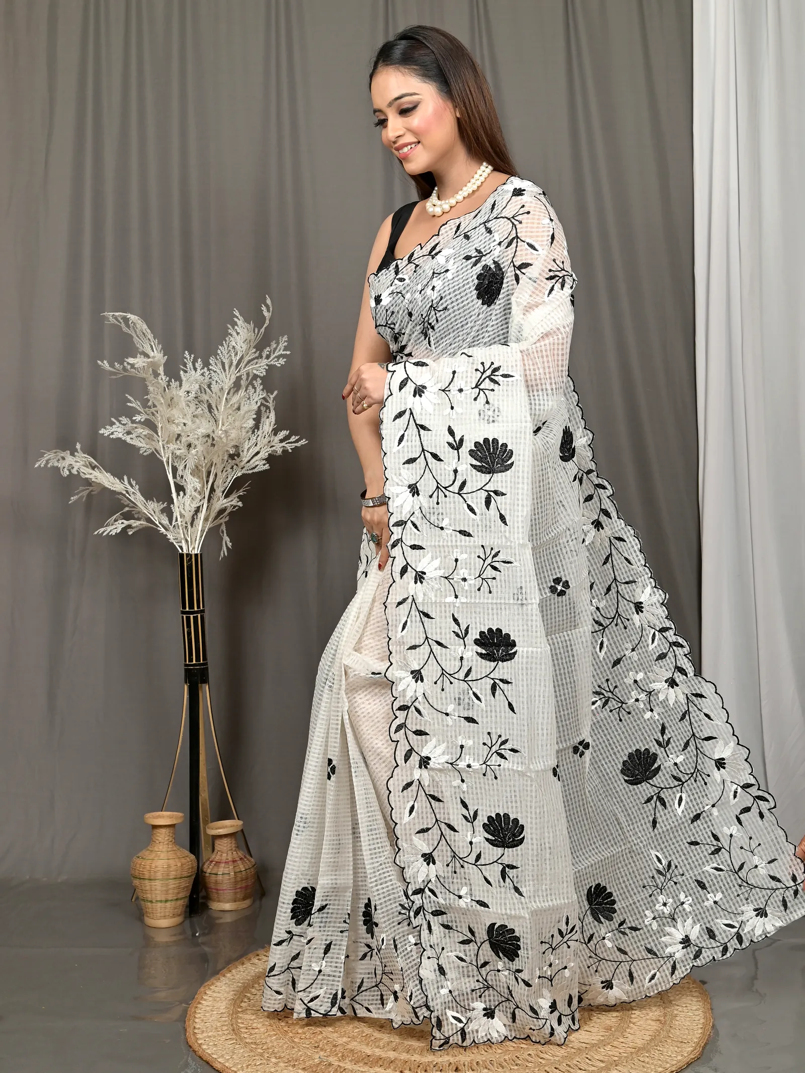 White Cotton Kotambo Mix Kota Embroidery Saree  (39)