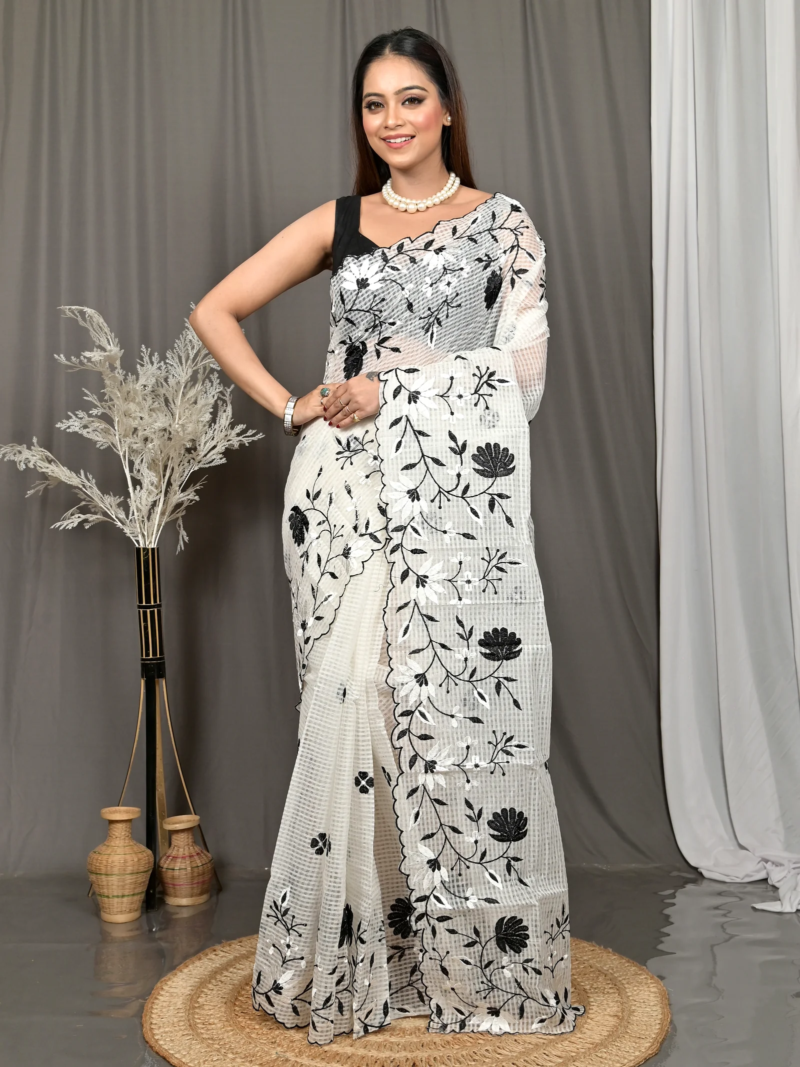 White Cotton Kotambo Mix Kota Embroidery Saree  (39)