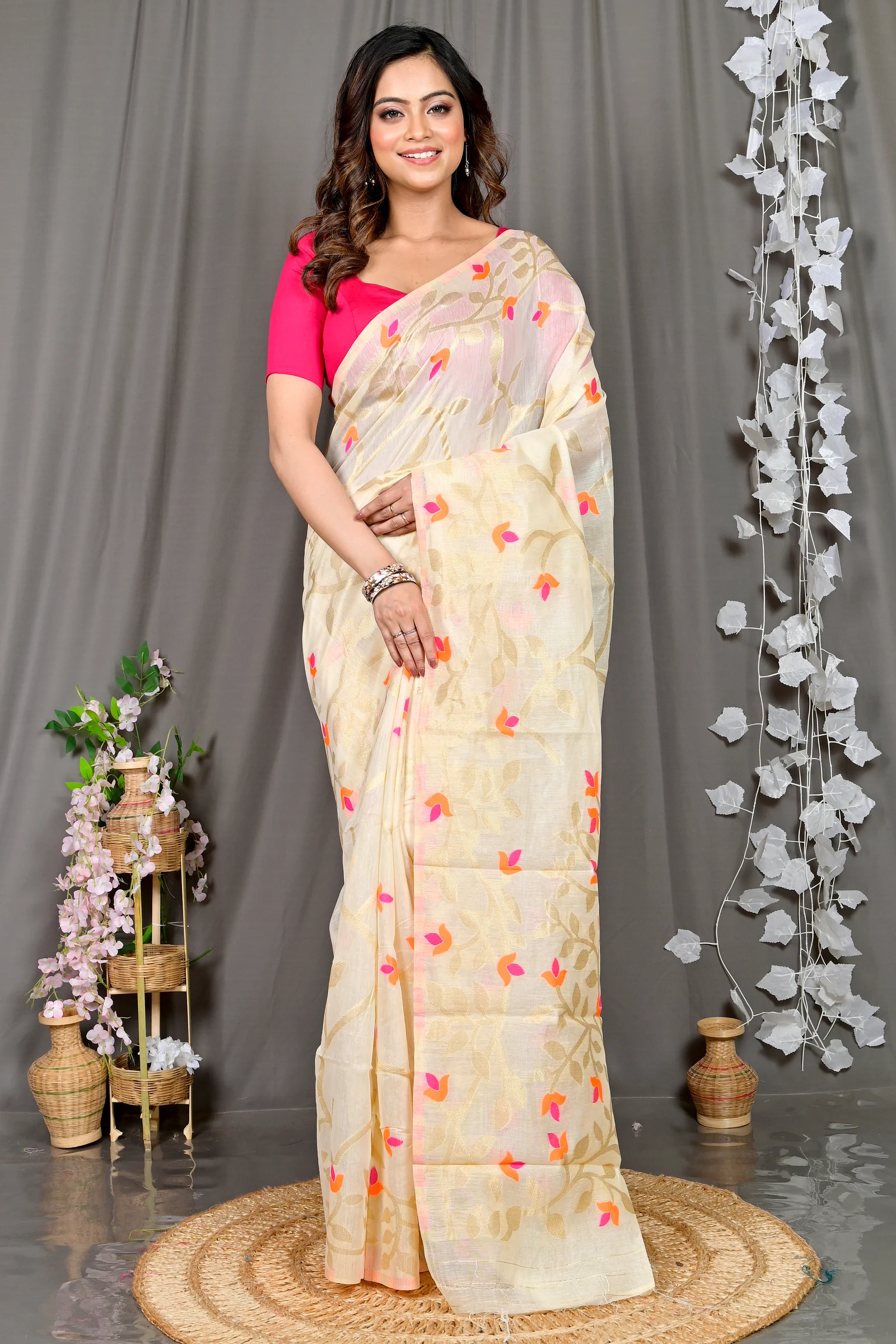 Off White Cotton Silk Parmix Hand Loom Saree (391)