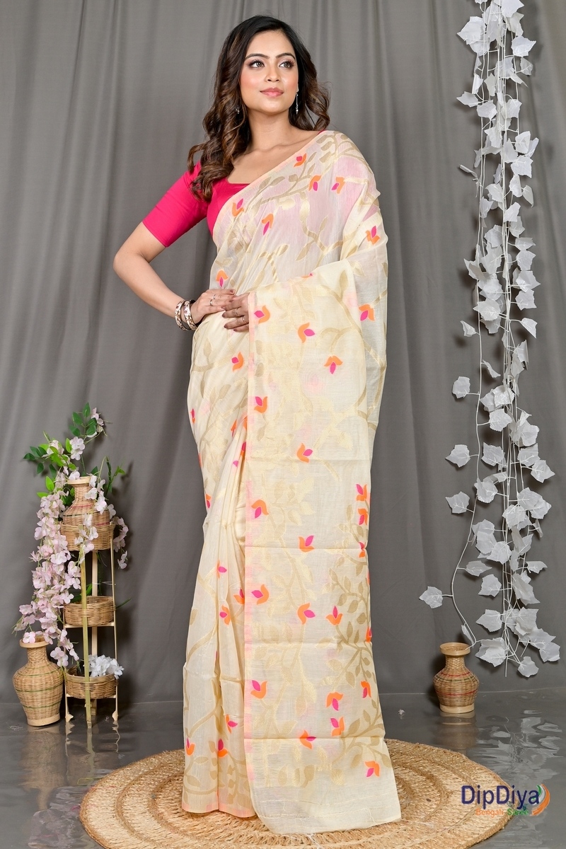 Off White Cotton Silk Parmix Hand Loom Saree (391)