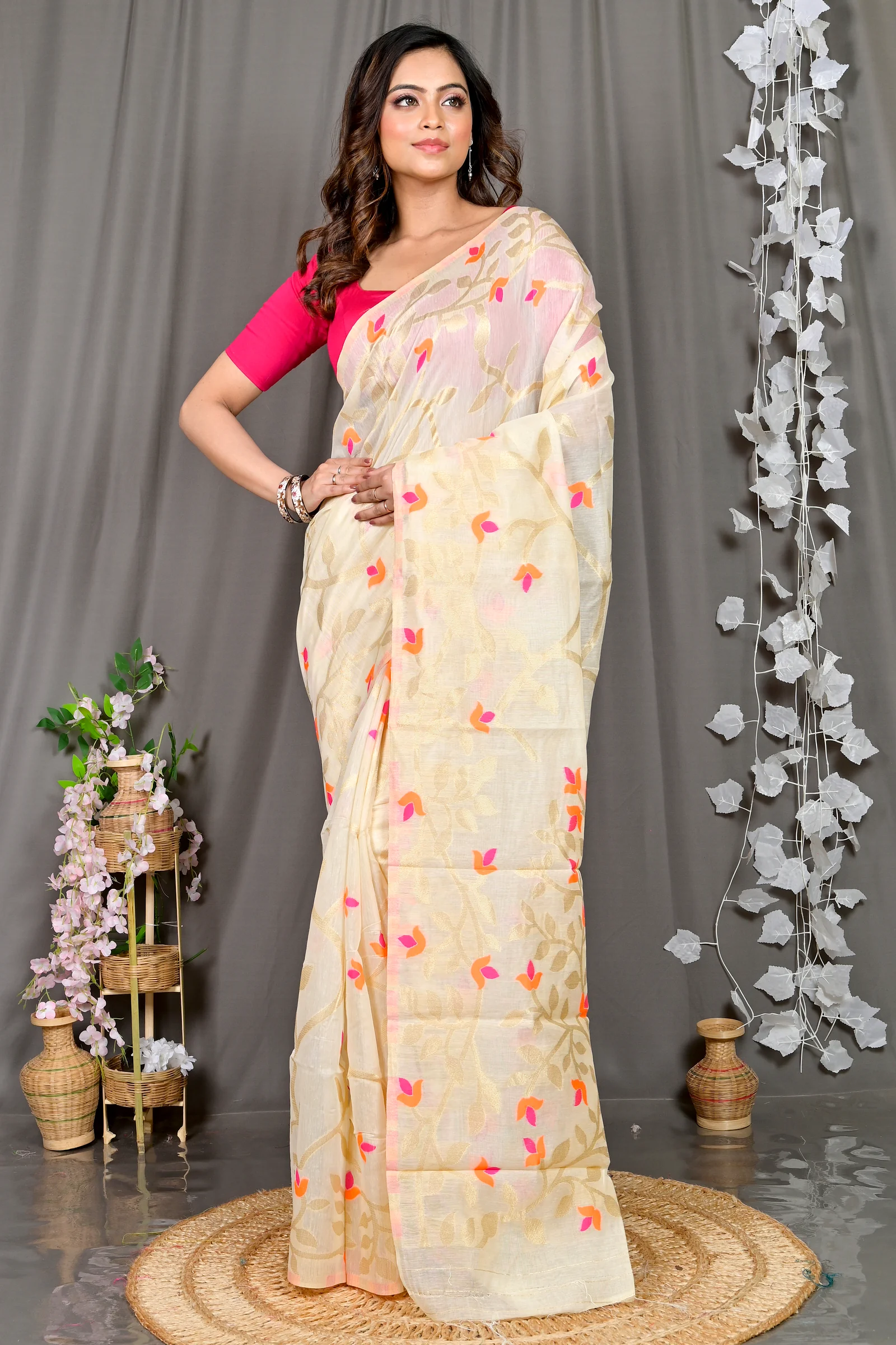 Off White Cotton Silk Parmix Hand Loom Saree (391)