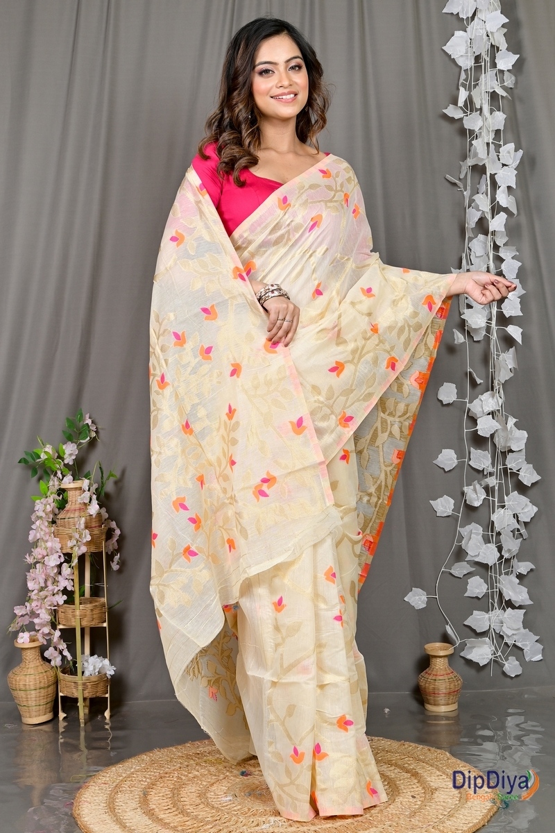 Off White Cotton Silk Parmix Hand Loom Saree (391)