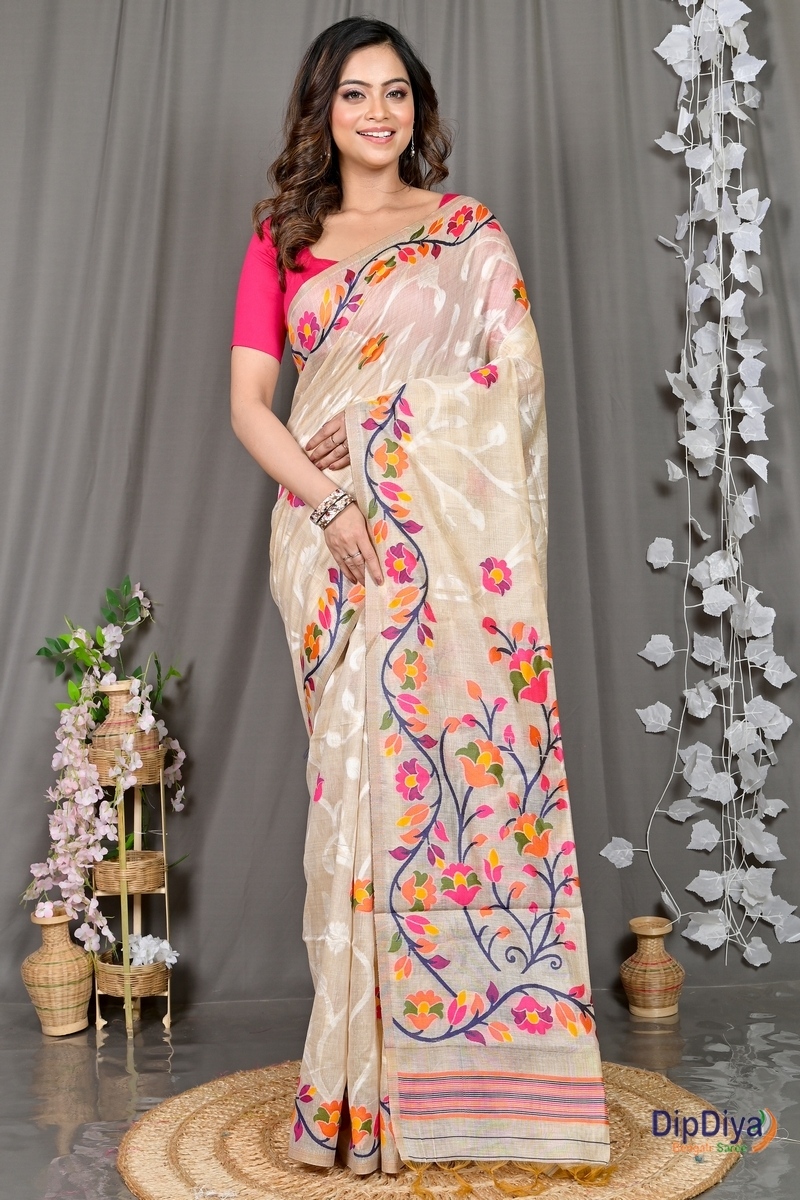 Cream Cotton Silk Parmix Hand Loom Saree (392)