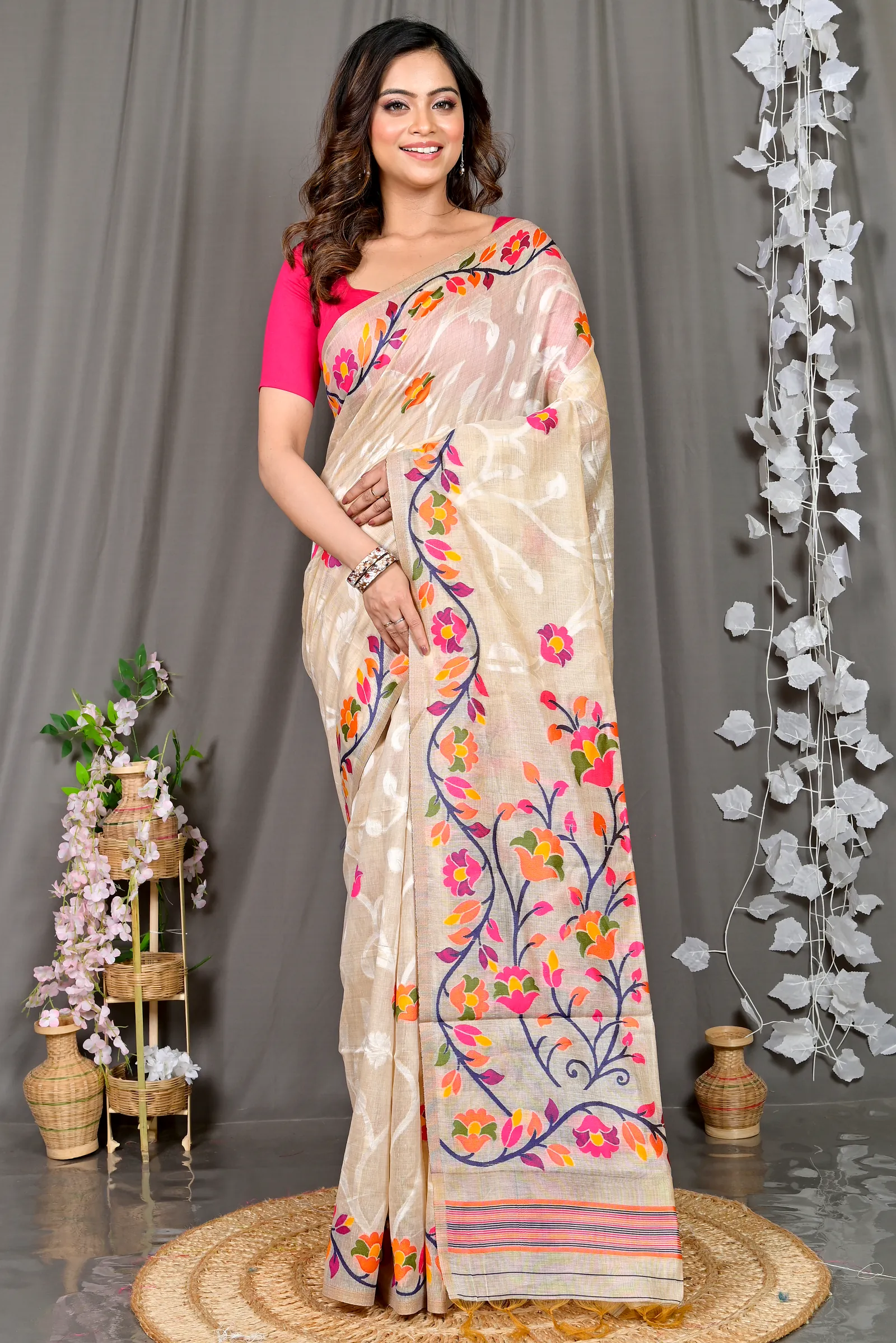 Cream Cotton Silk Parmix Hand Loom Saree (392)