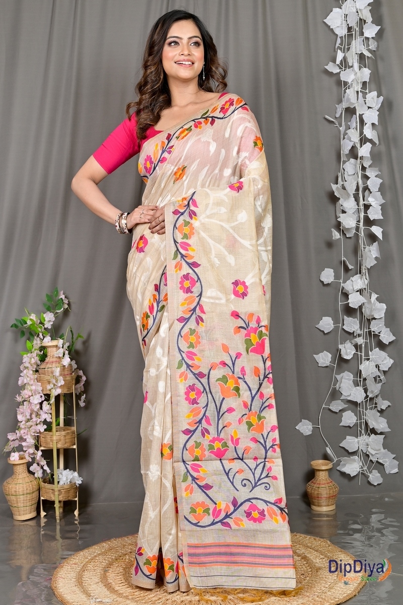 Cream Cotton Silk Parmix Hand Loom Saree (392)