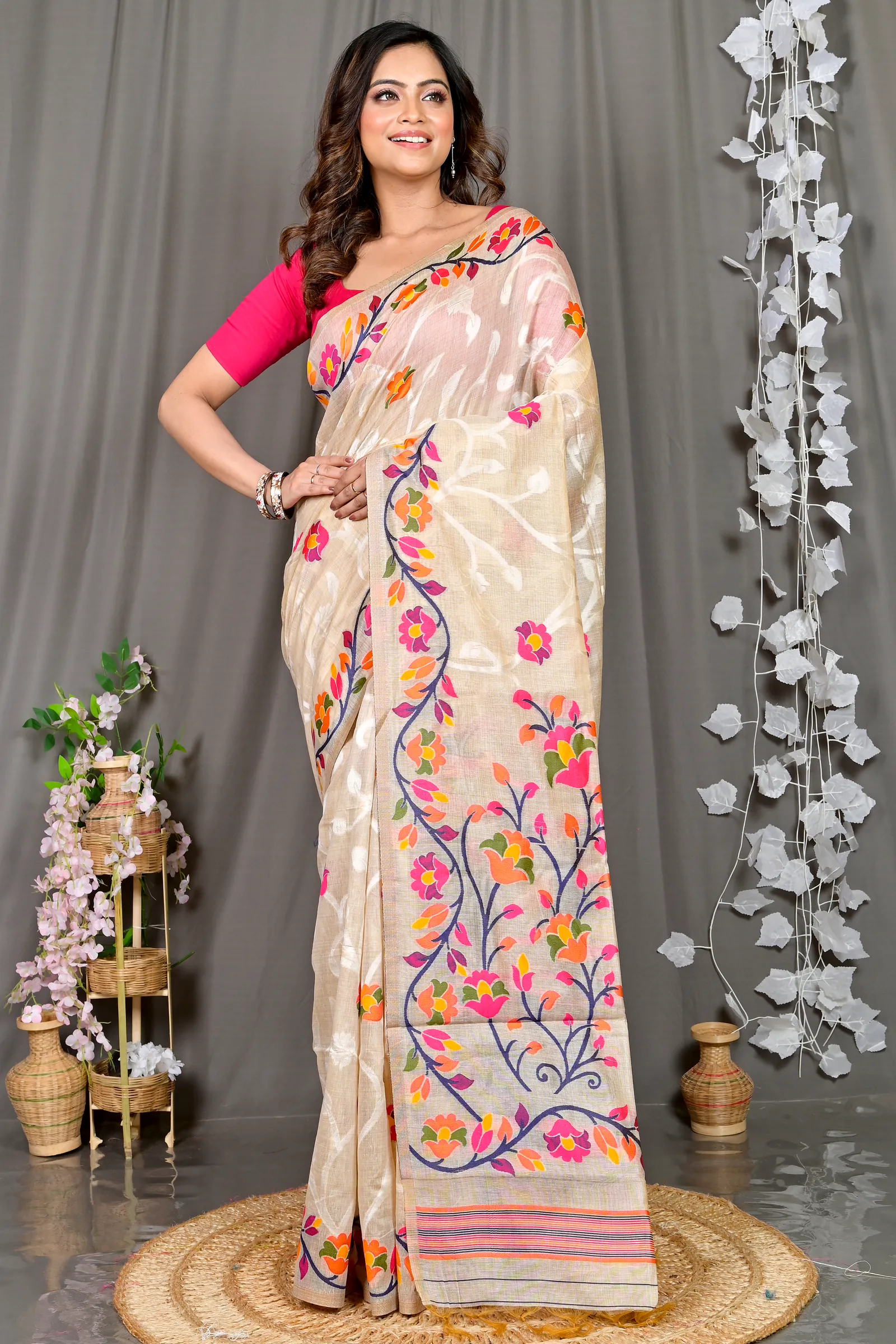 Cream Cotton Silk Parmix Hand Loom Saree (392)