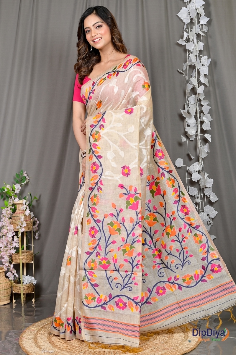 Cream Cotton Silk Parmix Hand Loom Saree (392)