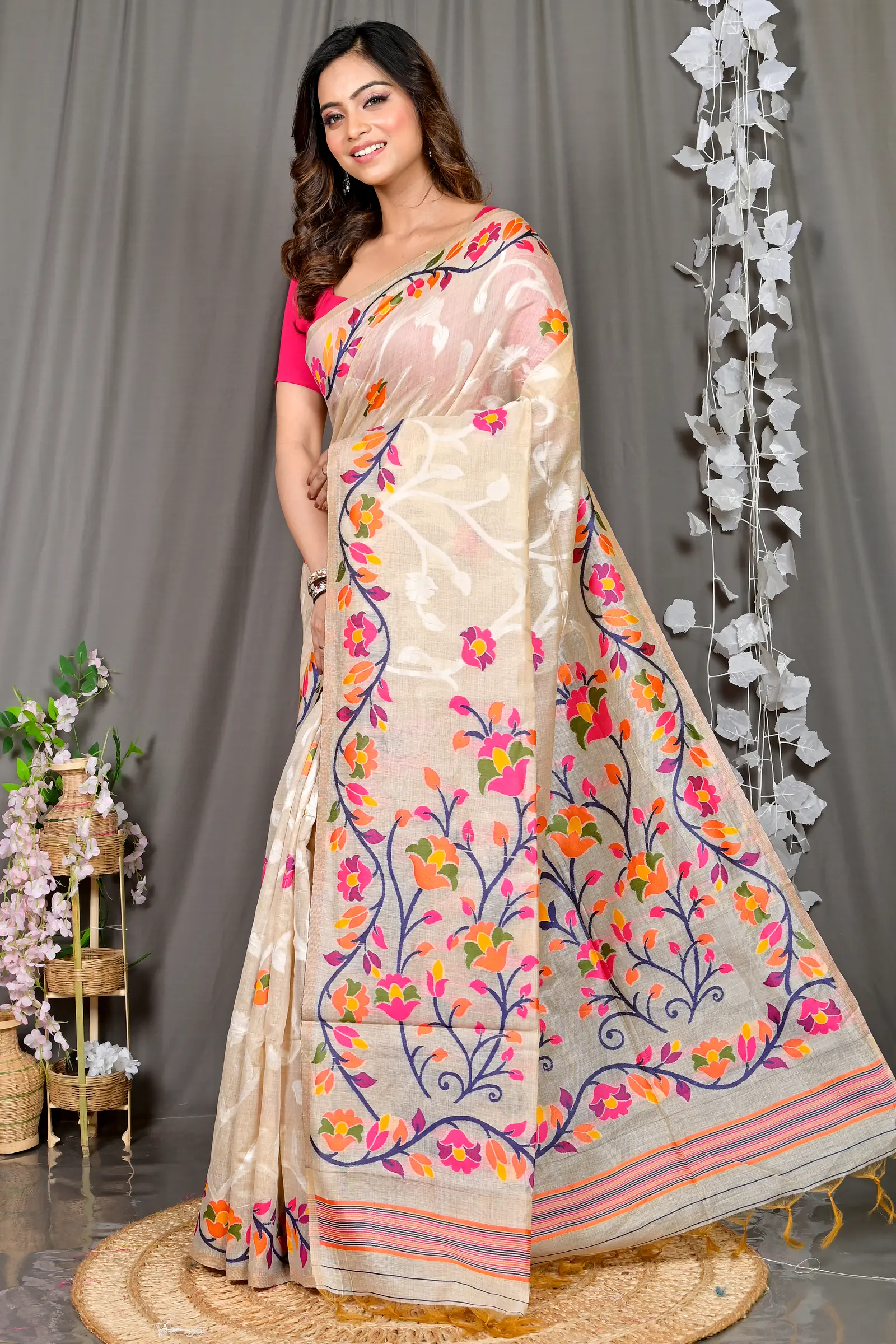 Cream Cotton Silk Parmix Hand Loom Saree (392)