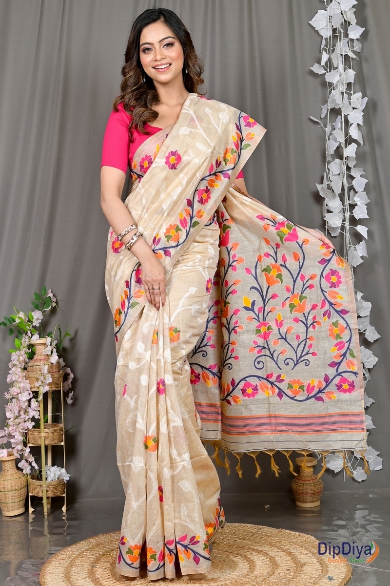 Cream Cotton Silk Parmix Hand Loom Saree (392)