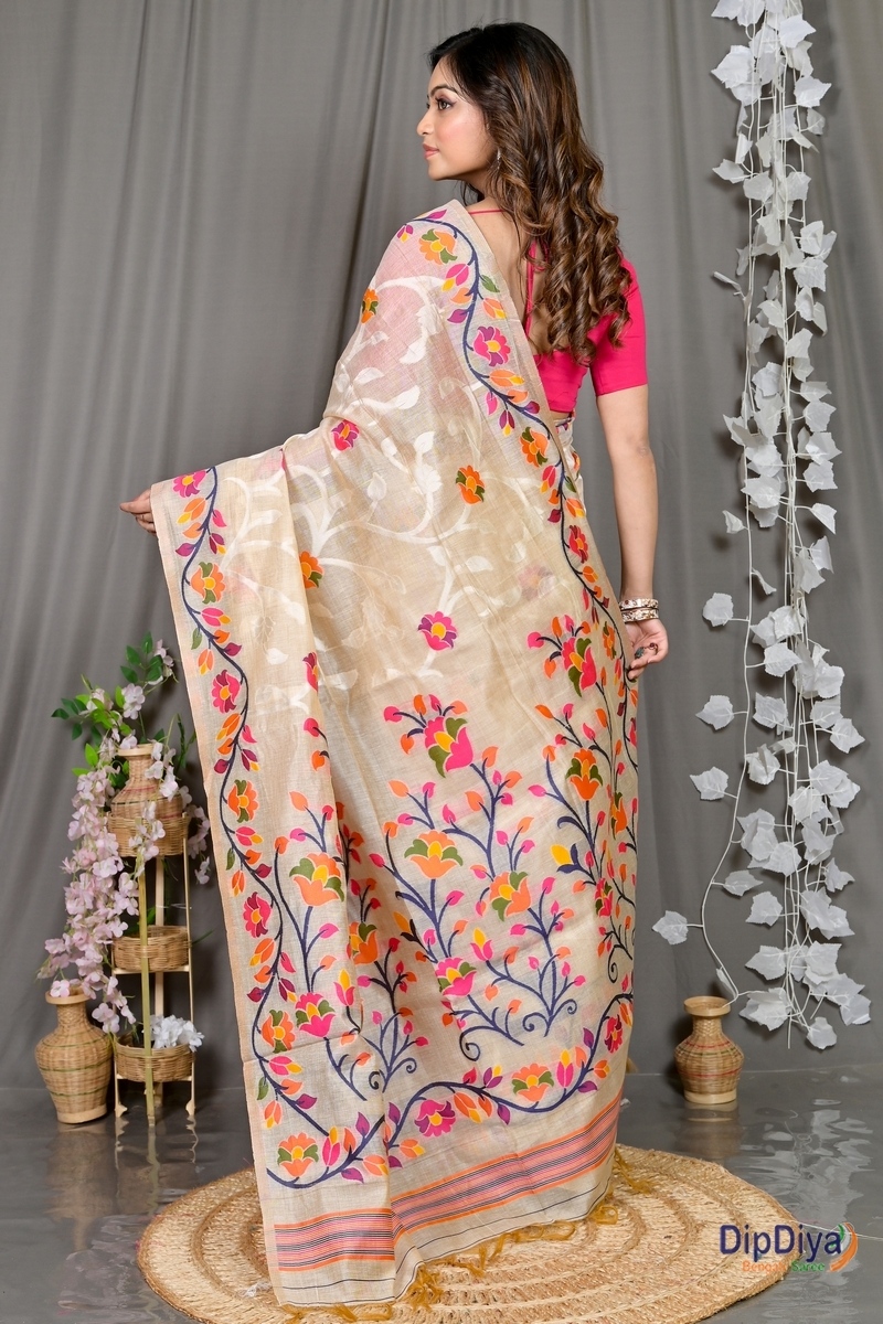 Cream Cotton Silk Parmix Hand Loom Saree (392)