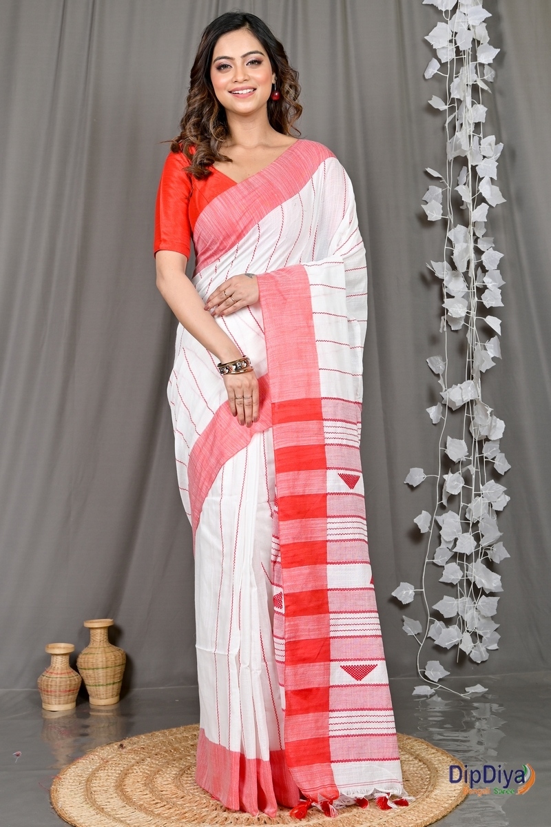 White Red Cotton Blended Parnika Hand Loom Saree (393)