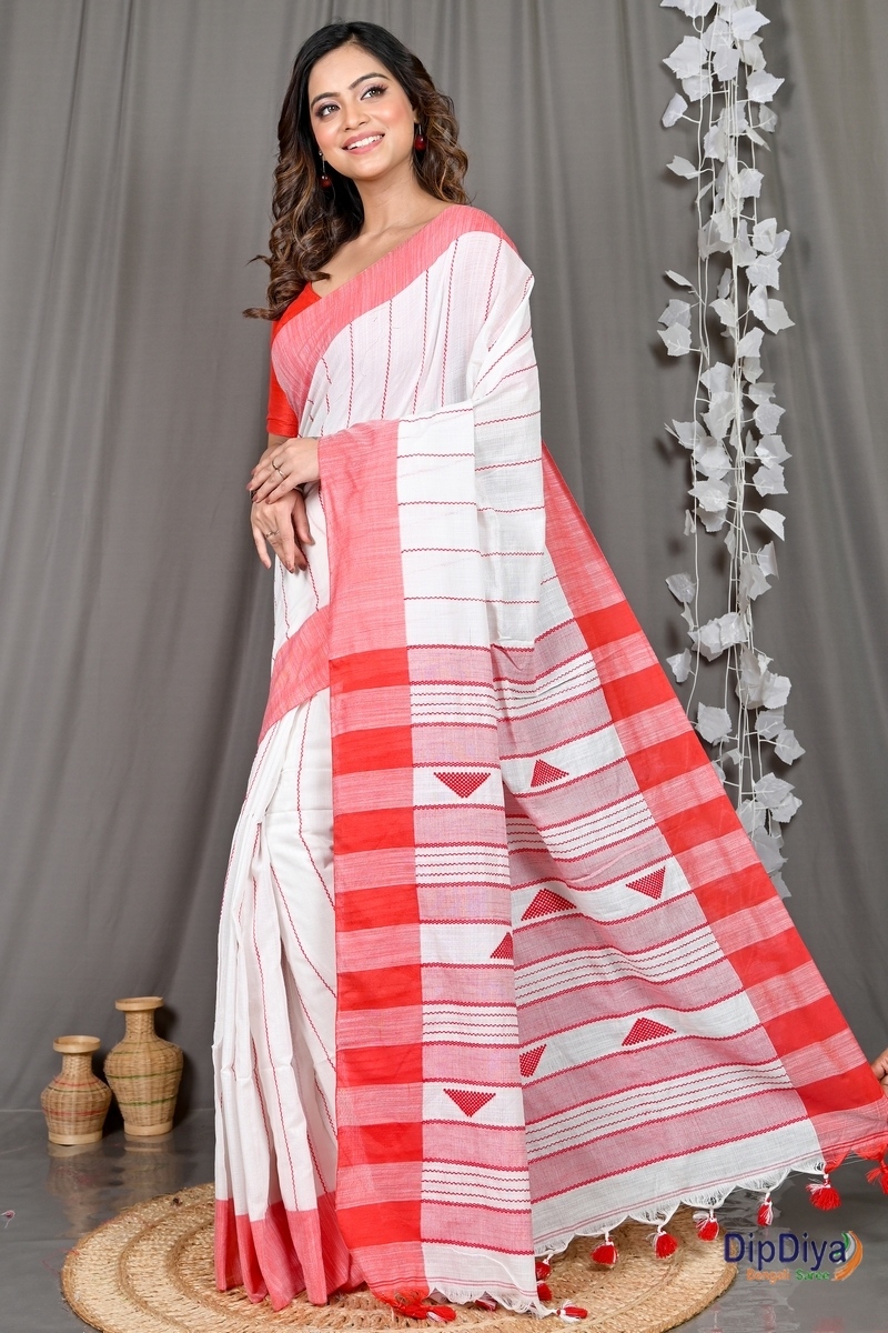 White Red Cotton Blended Parnika Hand Loom Saree (393)