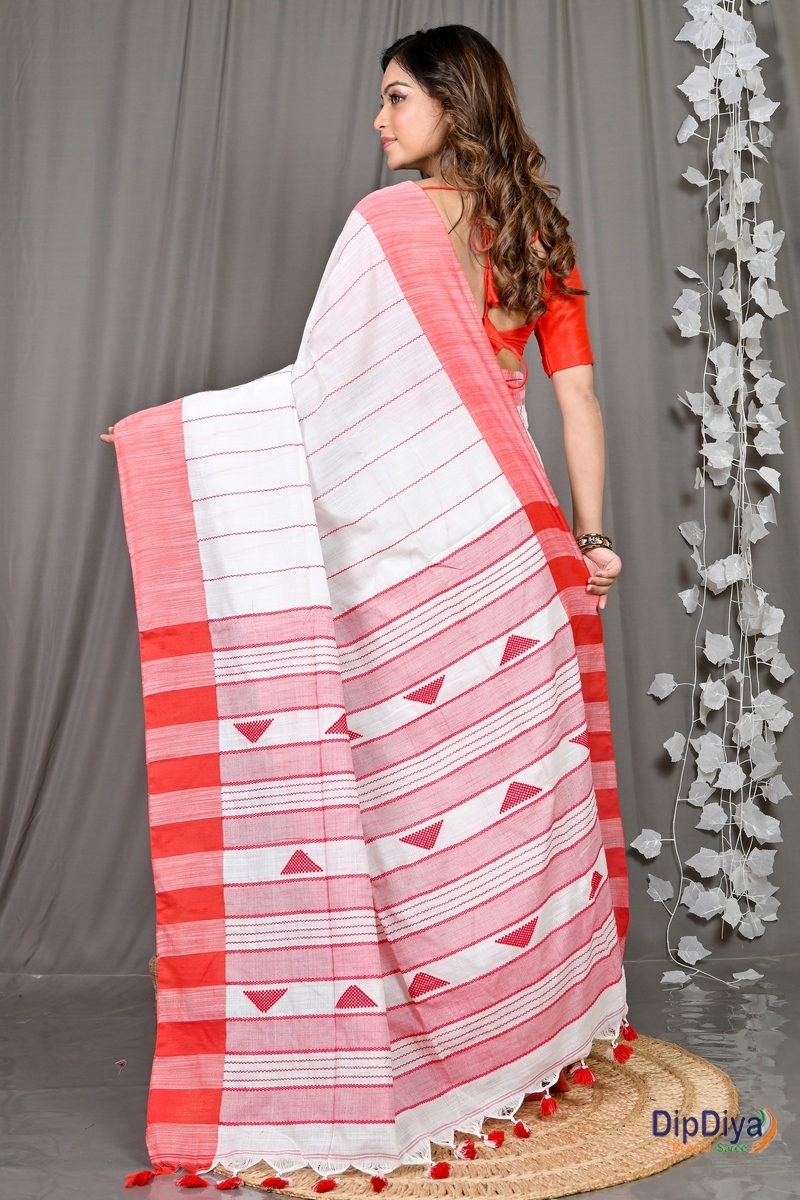 White Red Cotton Blended Parnika Hand Loom Saree (393)