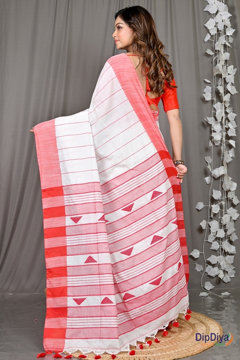 White Red Cotton Blended Parnika Hand Loom Saree (393)