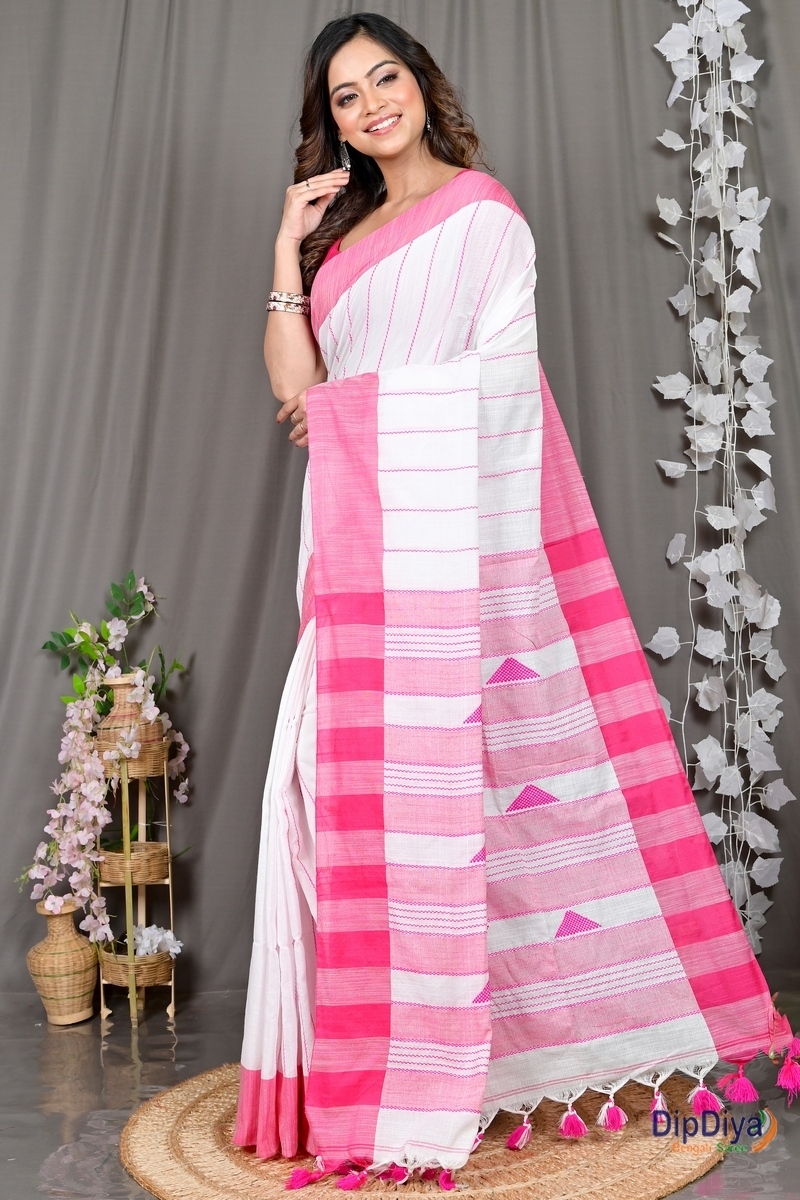 White Pink Cotton Blended Parnika Hand Loom Saree (394)