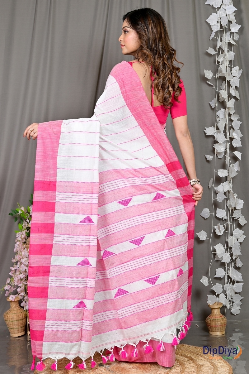 White Pink Cotton Blended Parnika Hand Loom Saree (394)
