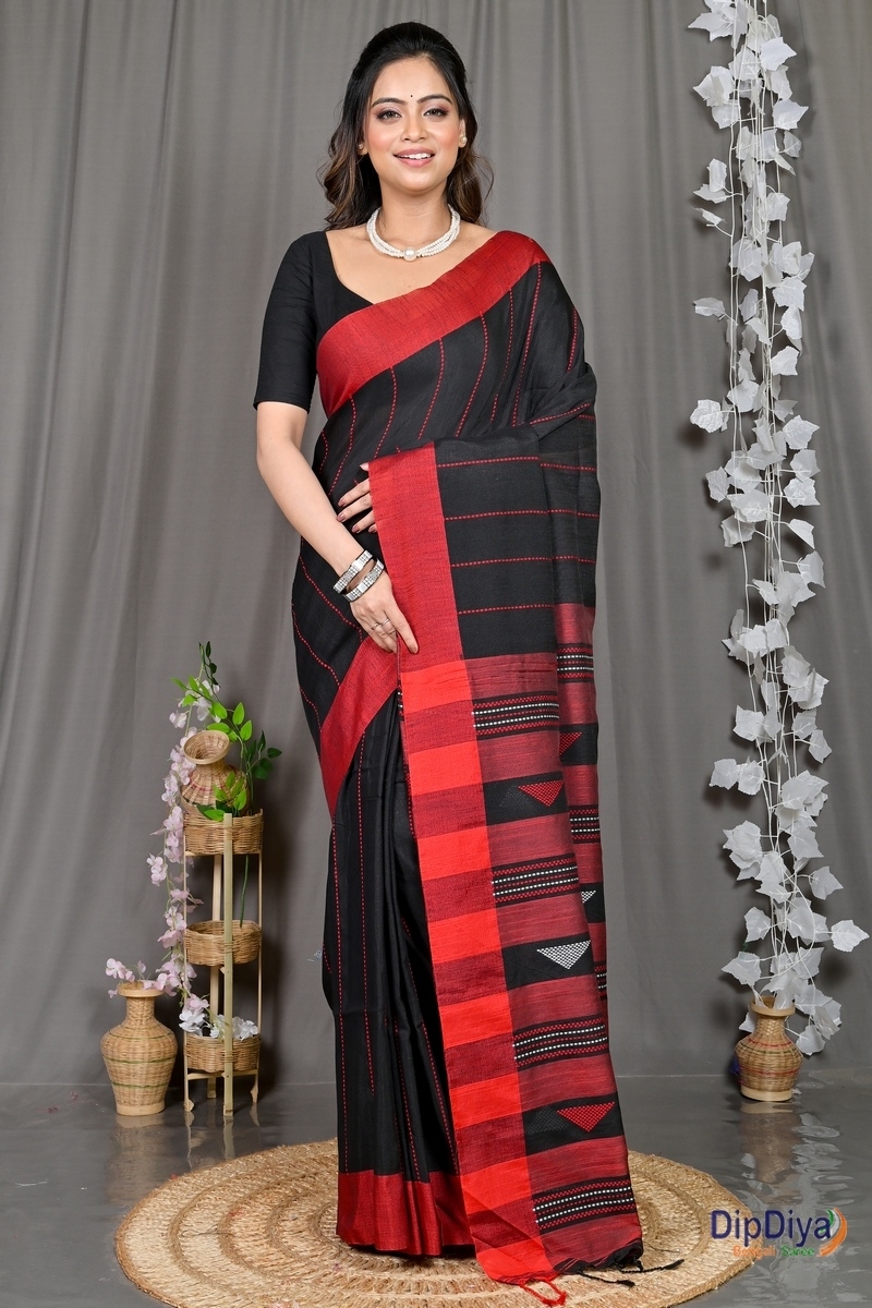 Black Cotton Blended Parnika Hand Loom Saree (396)