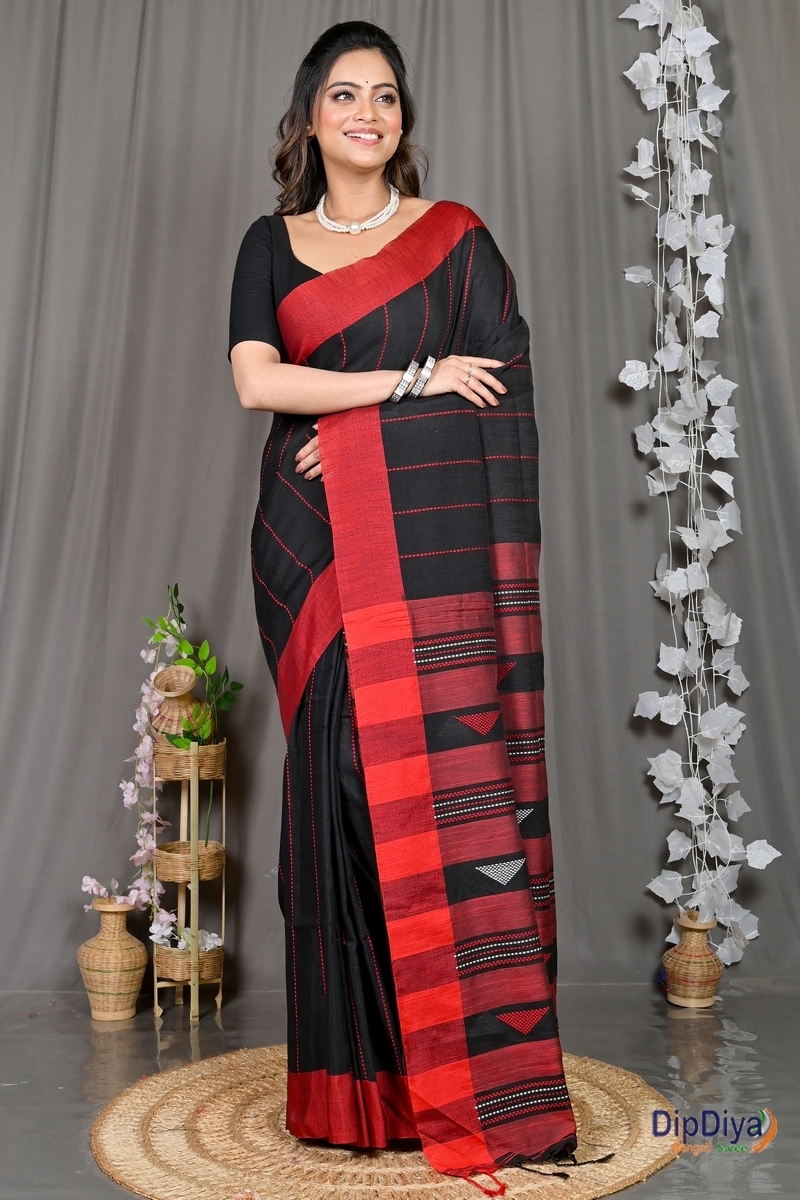 Black Cotton Blended Parnika Hand Loom Saree (396)