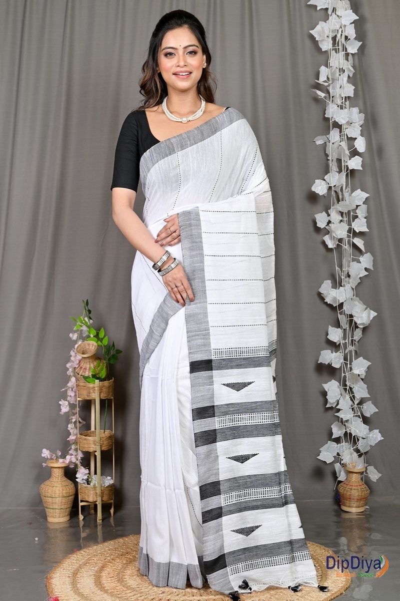 White Cotton Blended Parnika Hand Loom Saree (397)