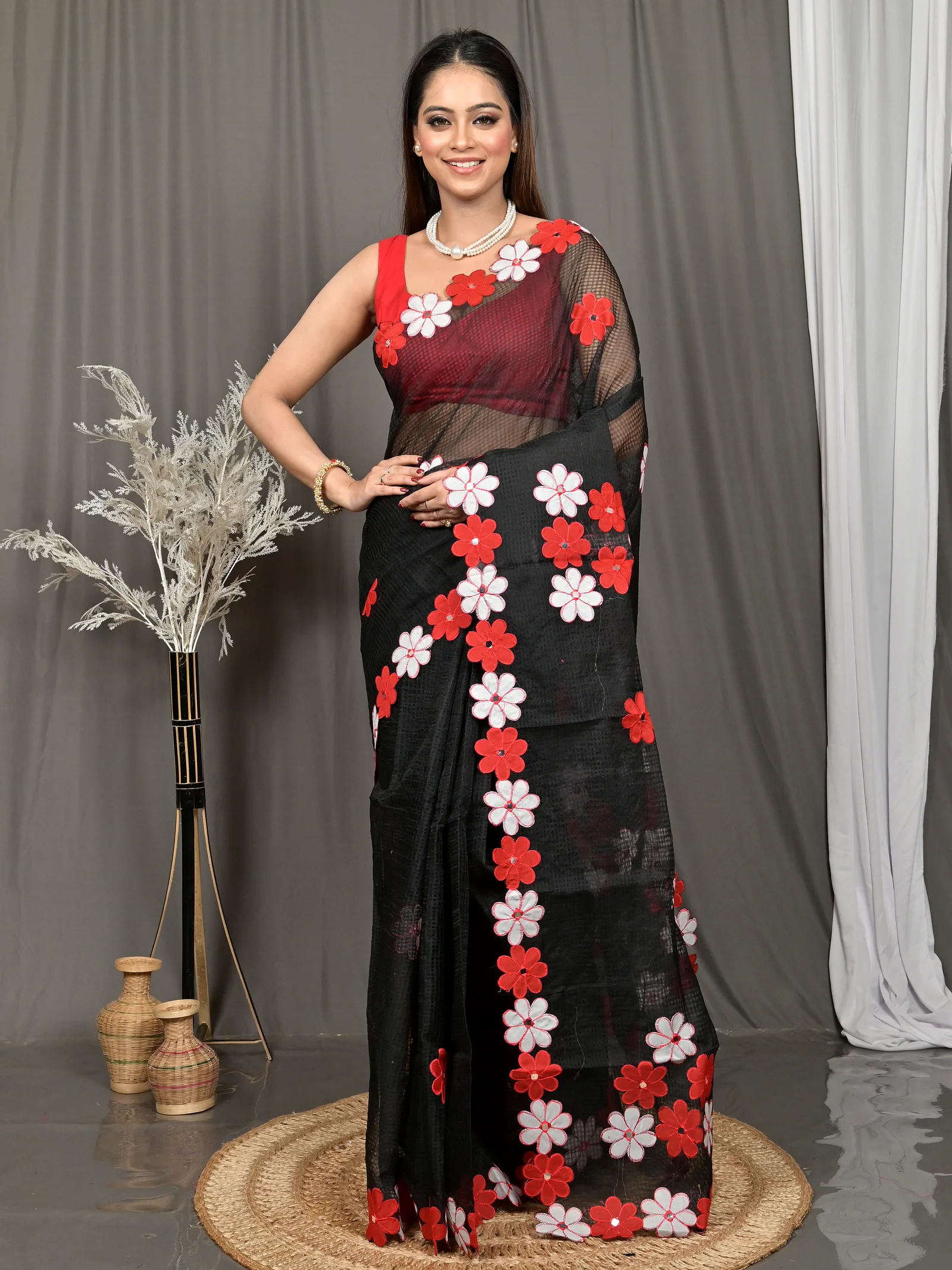 Black Red Cotton Kotaplik Mix Kota Applique Saree  (40)