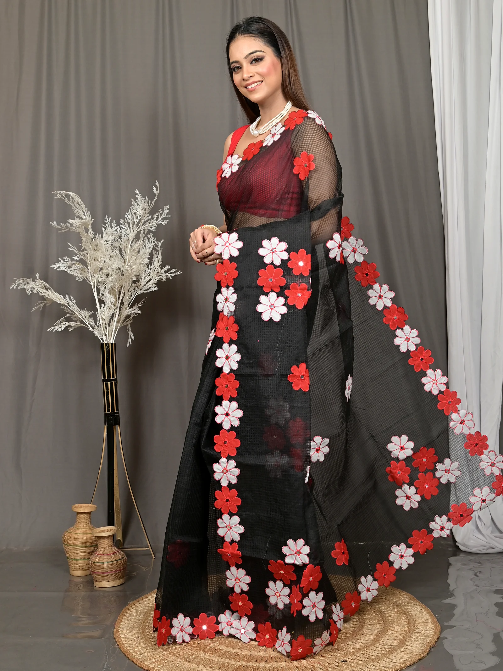 Black Red Cotton Kotaplik Mix Kota Applique Saree  (40)