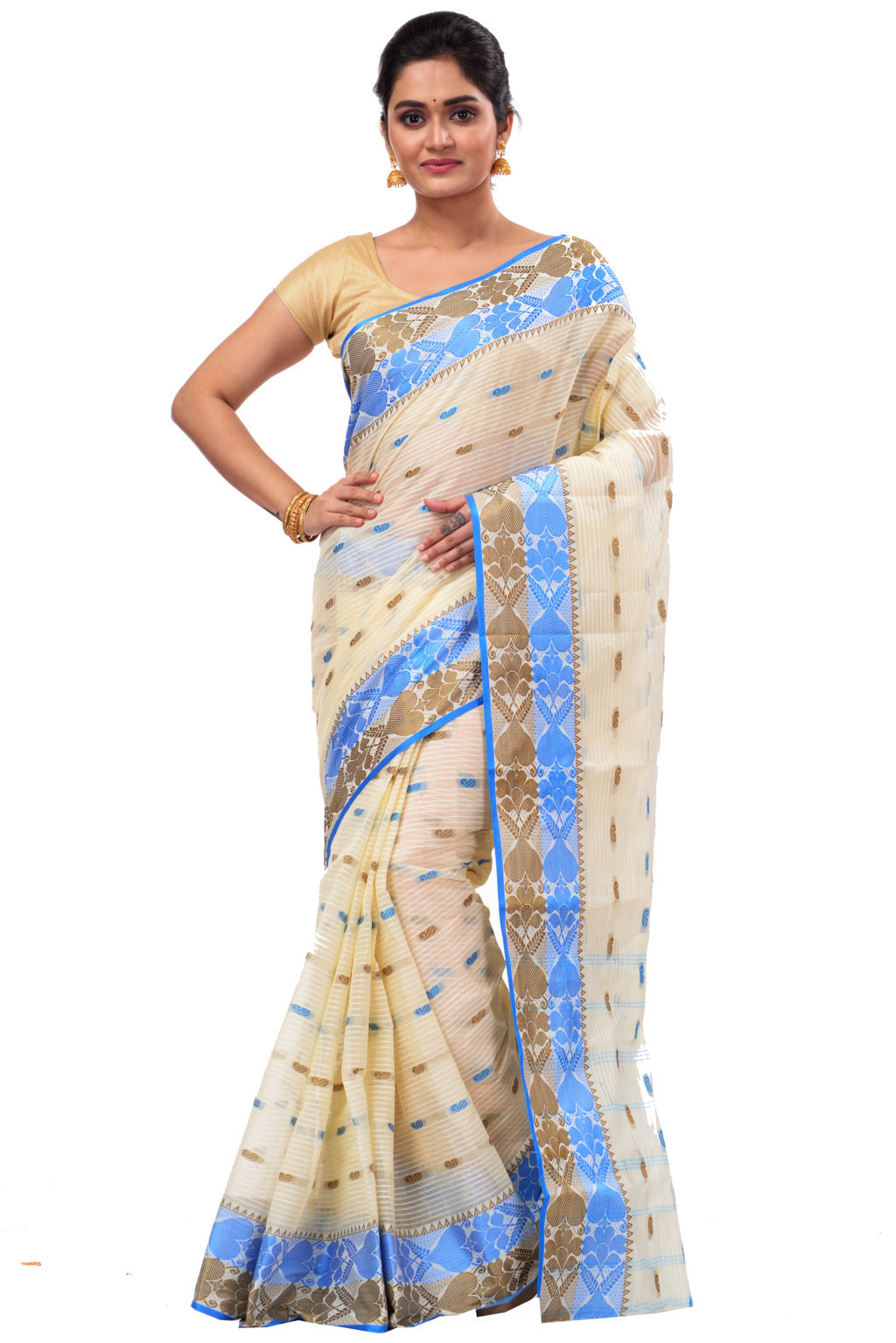 Blue Brown Pure Cotton Aged_Women Tant Saree (401)