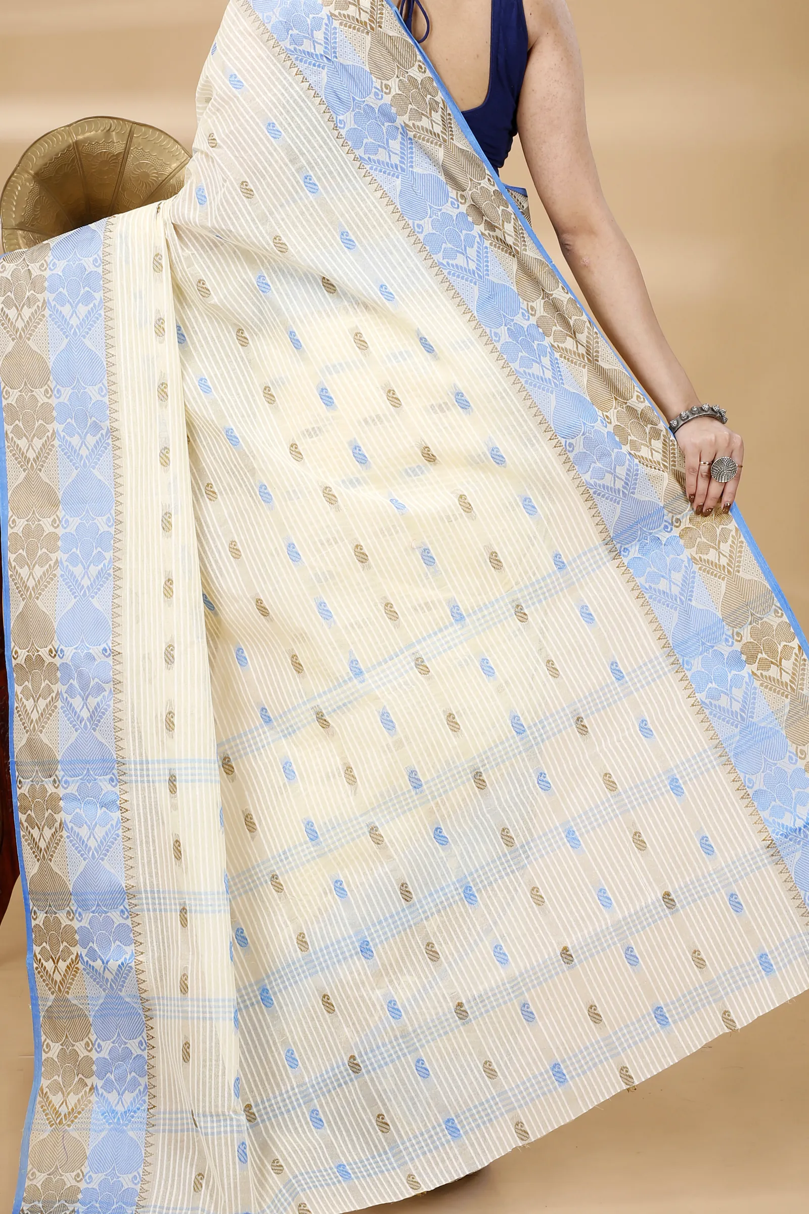 Blue Brown Pure Cotton Aged_Women Tant Saree (401)